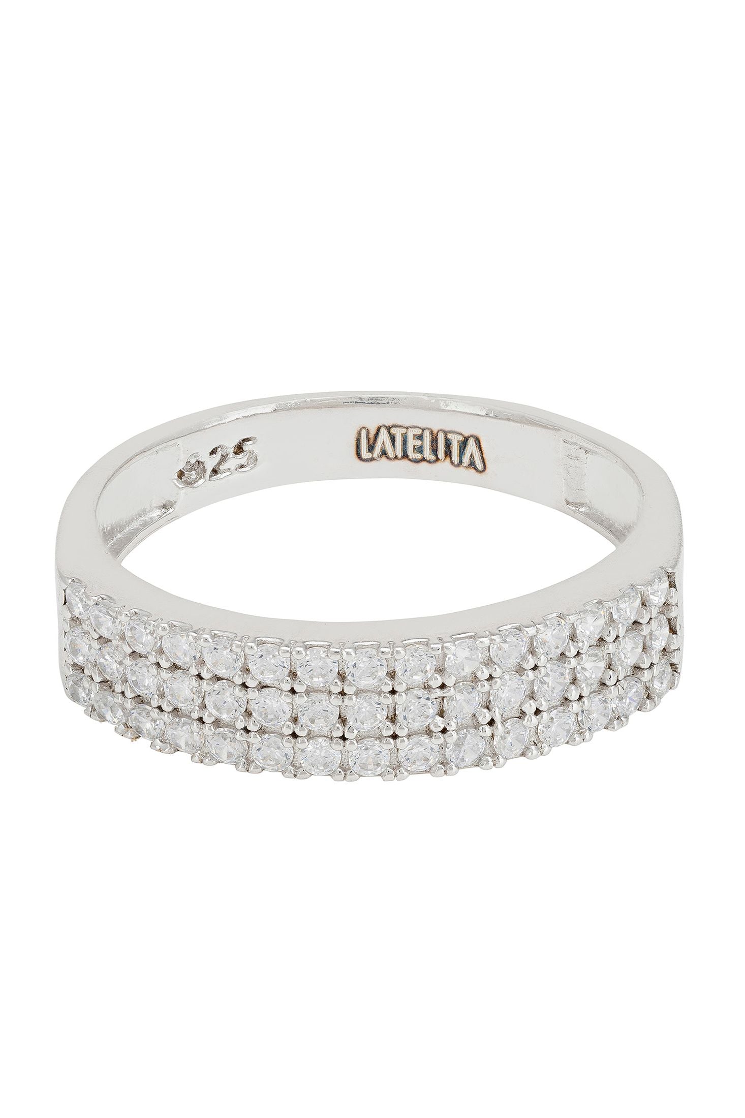 Angled view of Charleston Art Deco Cocktail Ring Silver, showing silver finish and the jewellery profile.
