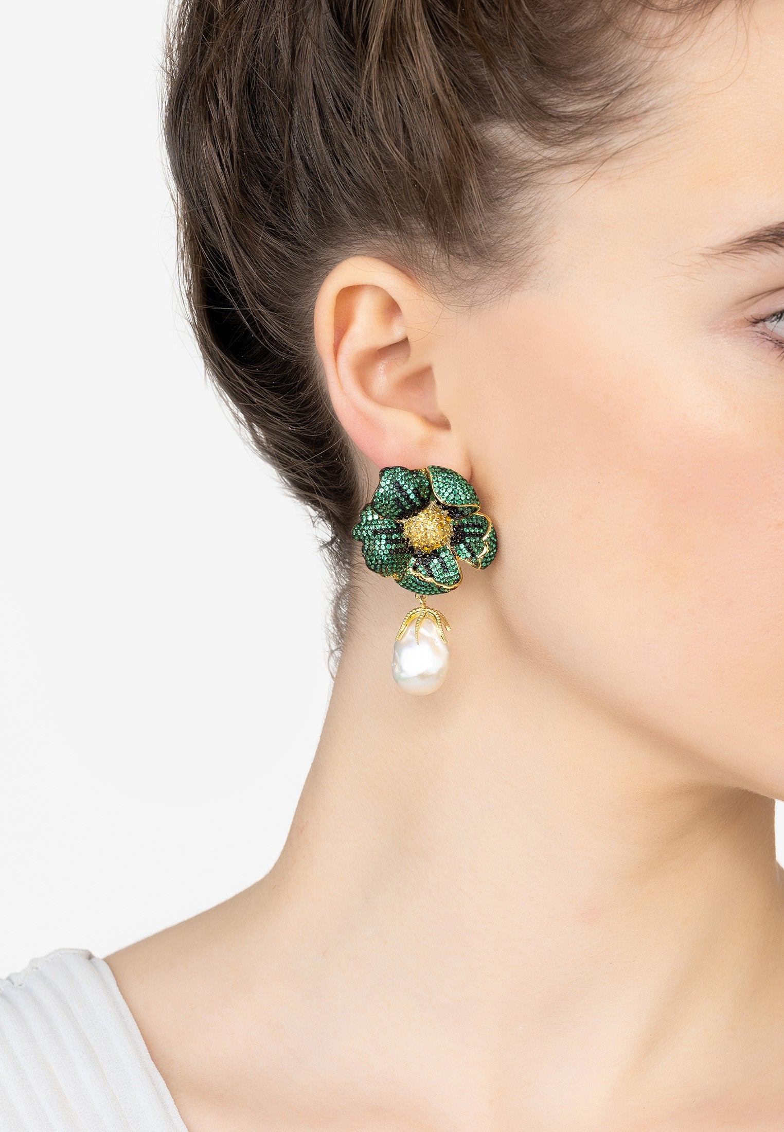 Poppy Flower Baroque Pearl Earrings Emerald Green Gold