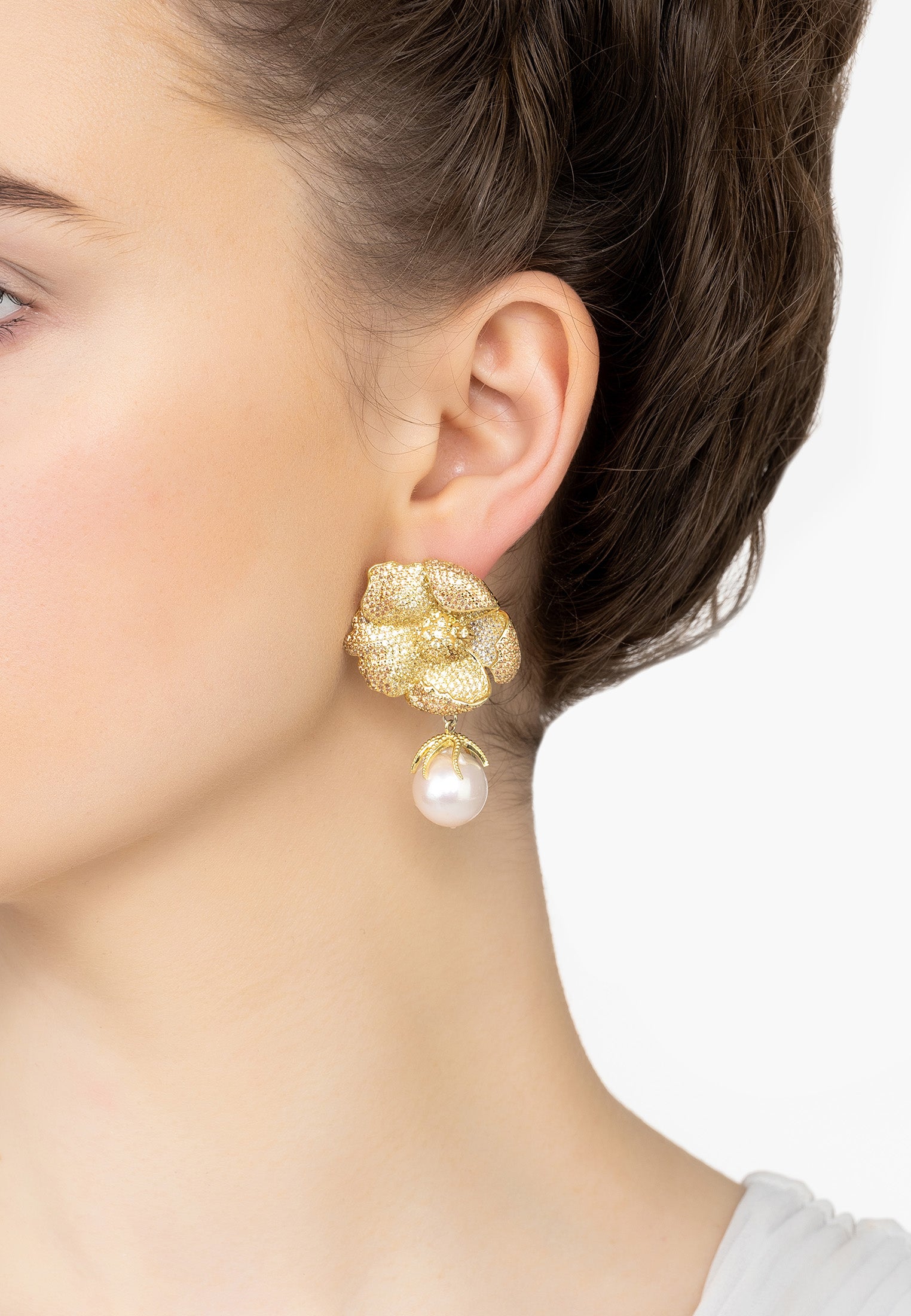 Poppy Flower Baroque Pearl Earrings Lemon Gold