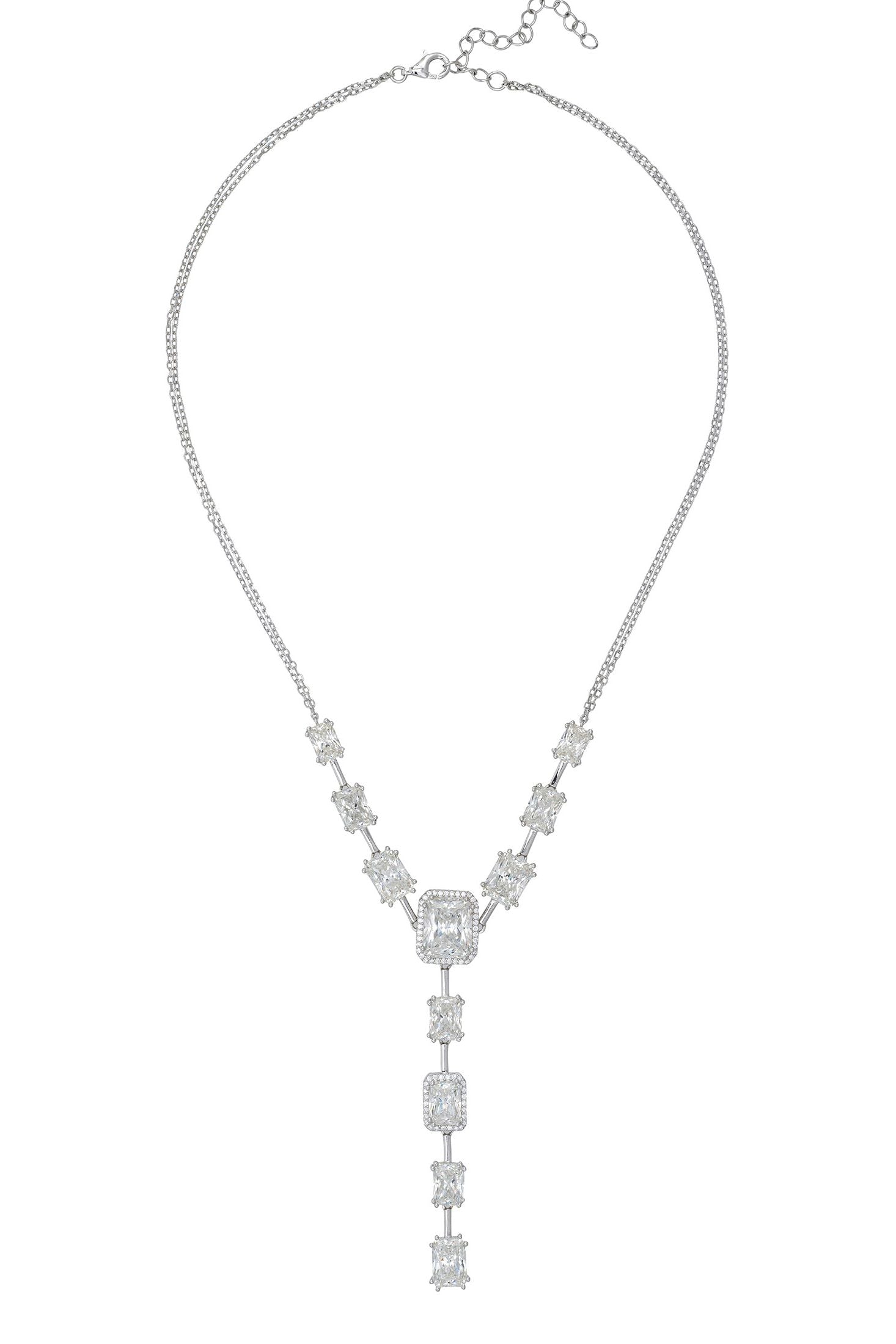 Rectangle-cut diamonds silver necklace.