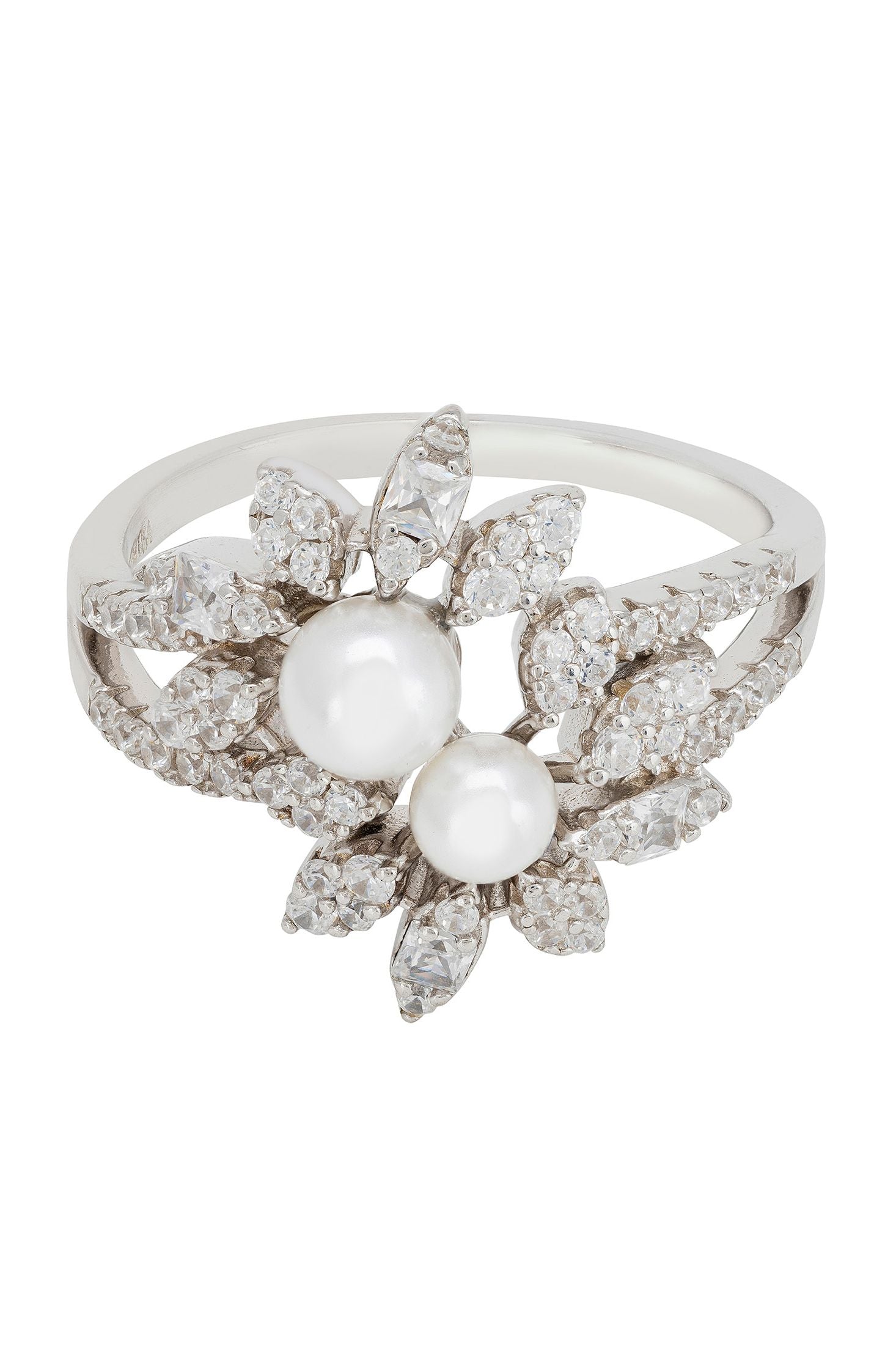 Angled view of Marquise Cocktail Ring Pearl Silver, showing pearl detailing, silver finish and the jewellery profile.