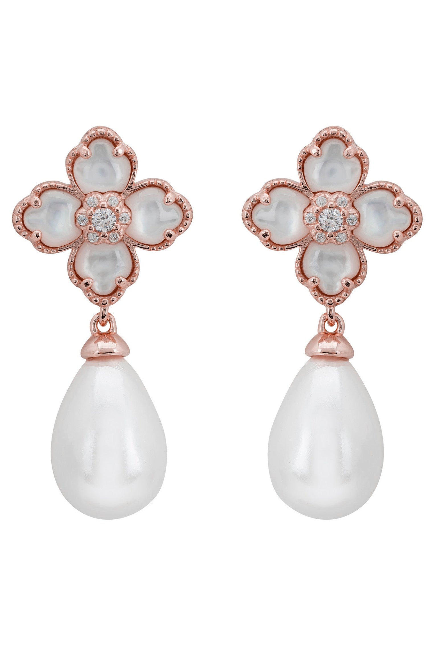 Pearl and white clover rose gold earrings.