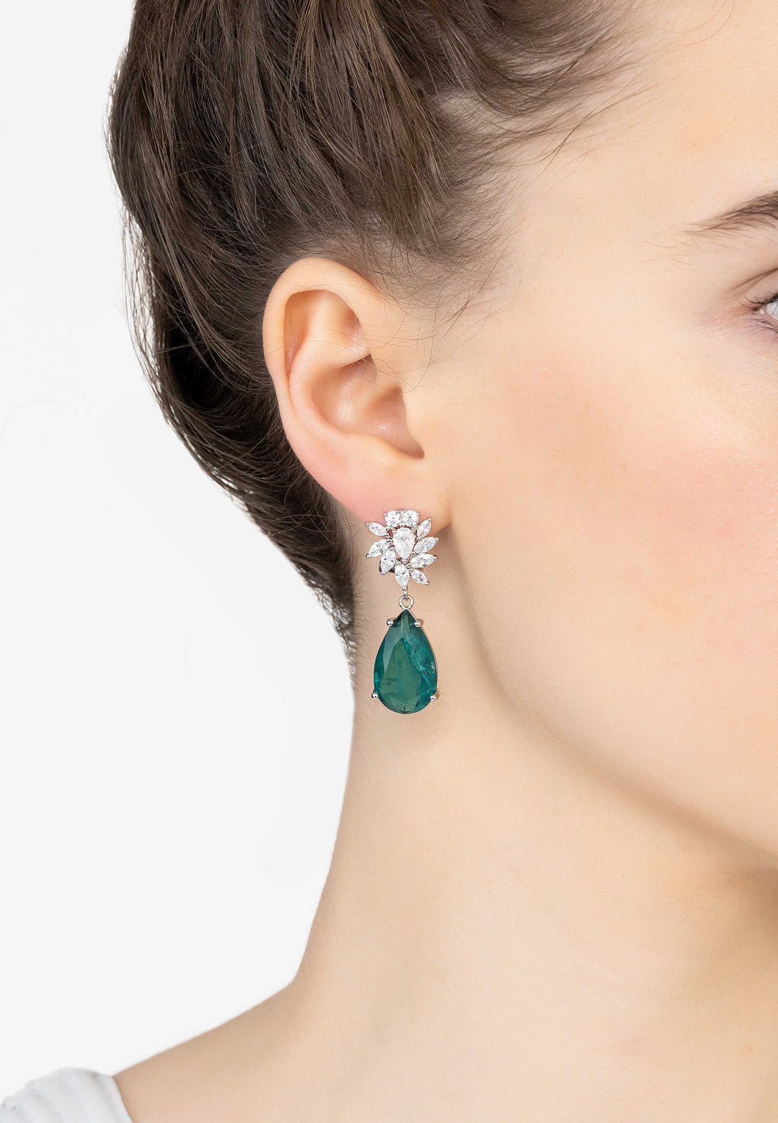 Marigold Flower Teardrop Earrings Colombian Emerald Silver