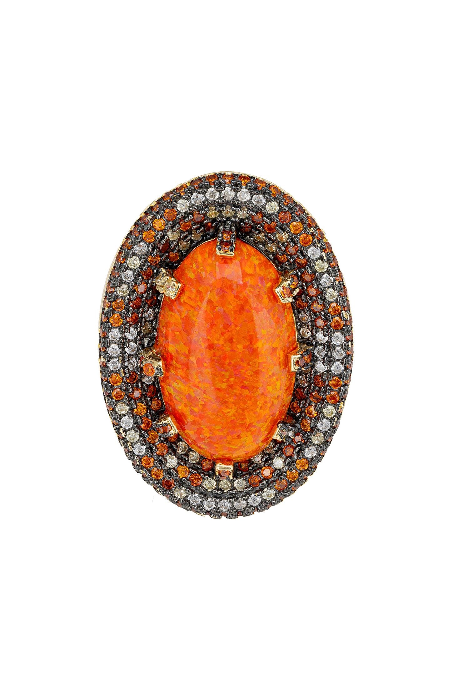 Angled view of Serafina Fire Opal Cocktail Ring Gold Oxidised, showing gold finish and the jewellery profile.