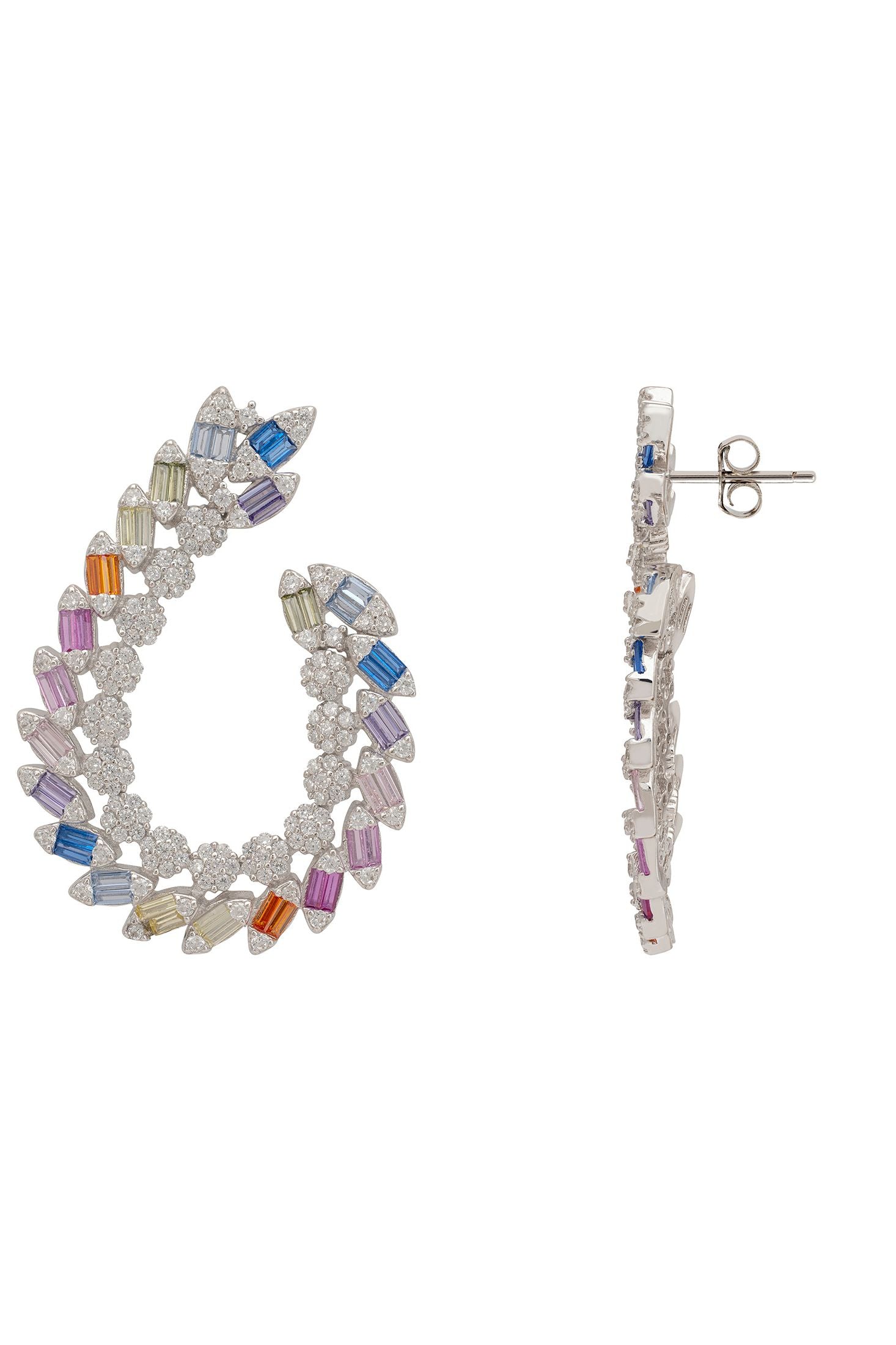 Multicolored gemstone earrings on a white background