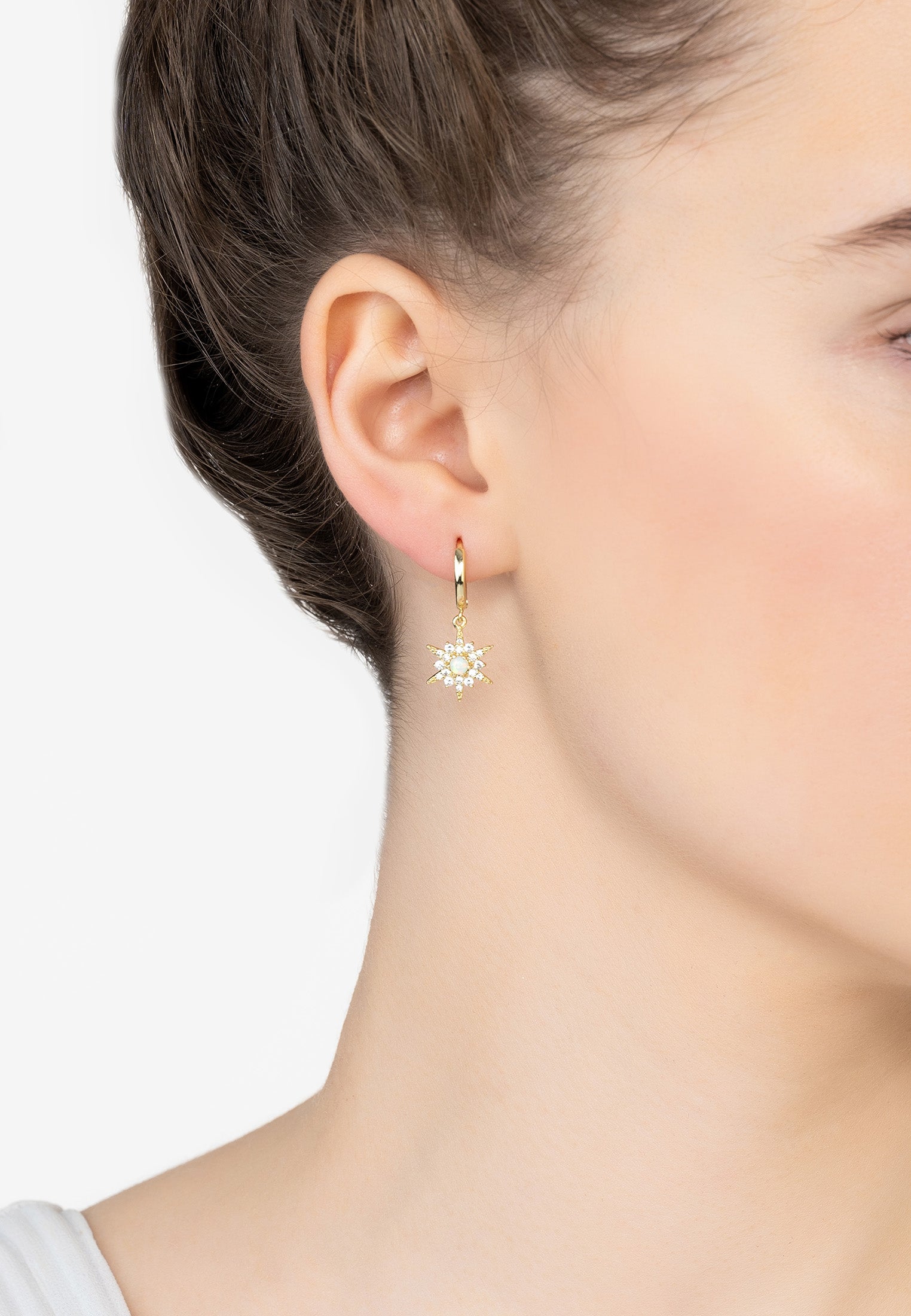 Opal Starburst Hoop Earrings Gold