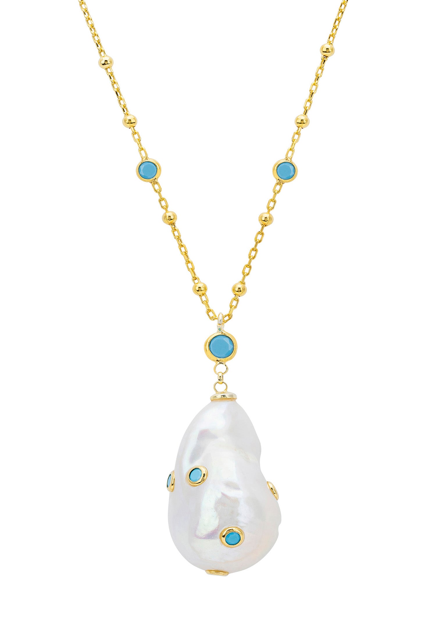 Polka Dot Baroque Pearl Long Necklace Gold Turquoise