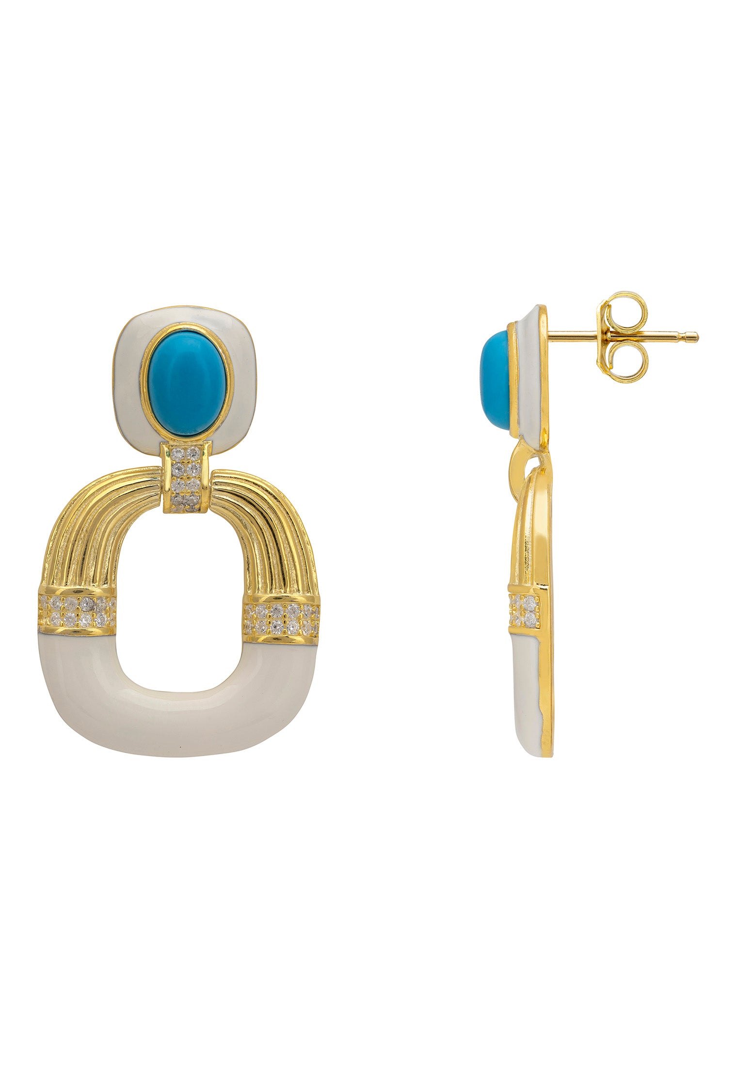 Deco Darling Drop Earrings Turquoise And White Enamel Gold