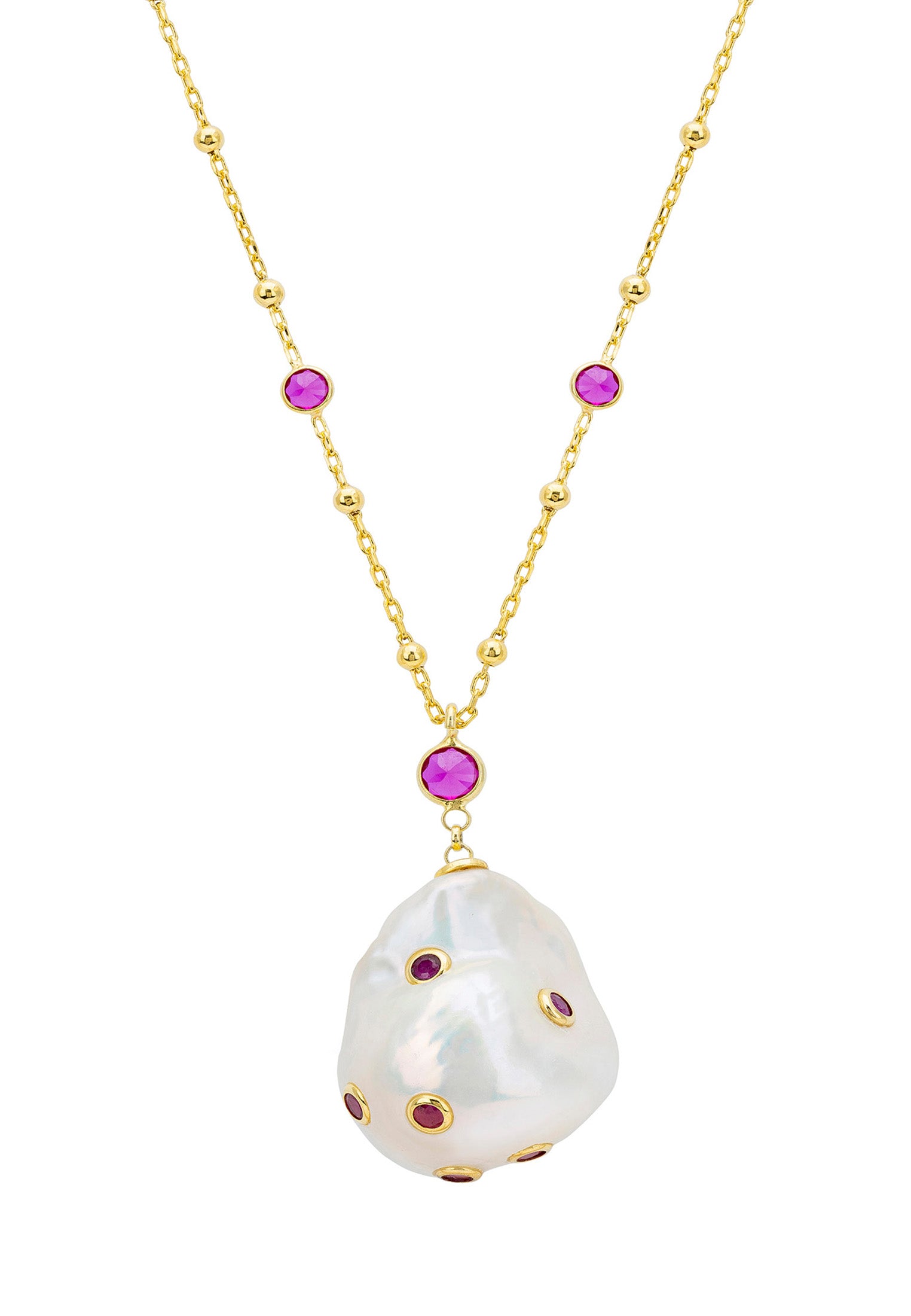 Polka Dot Baroque Pearl Long Necklace Gold Ruby