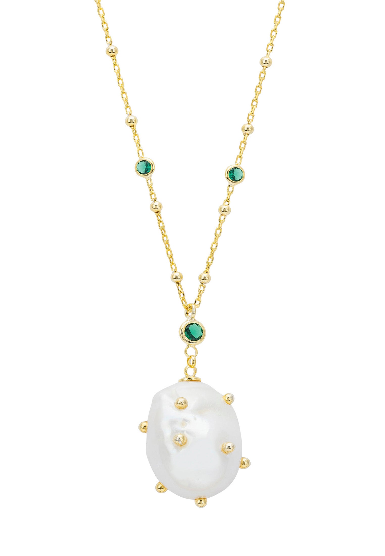 Polka Dot Baroque Pearl Pendant Necklace Gold Emerald
