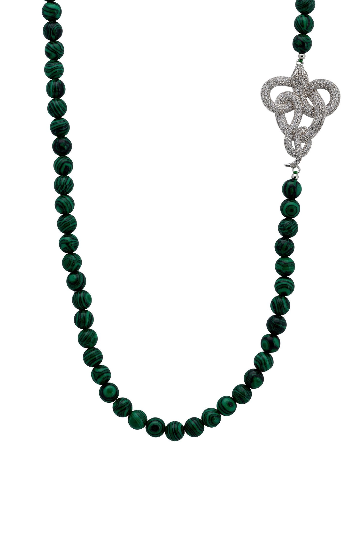 Close-up of the diamond snake long green bead necklace.