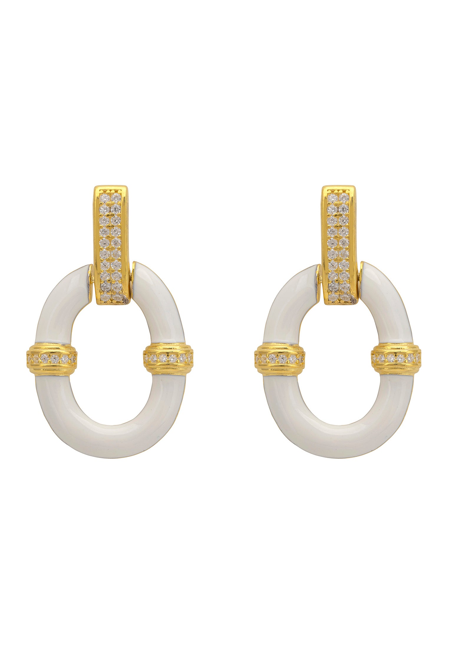 White Enamel Oval Drop Earrings Gold
