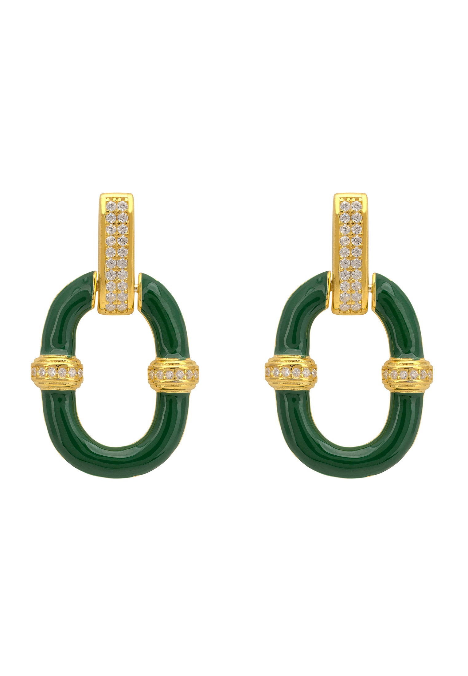 Emerald Green Enamel Oval Drop Earrings Gold
