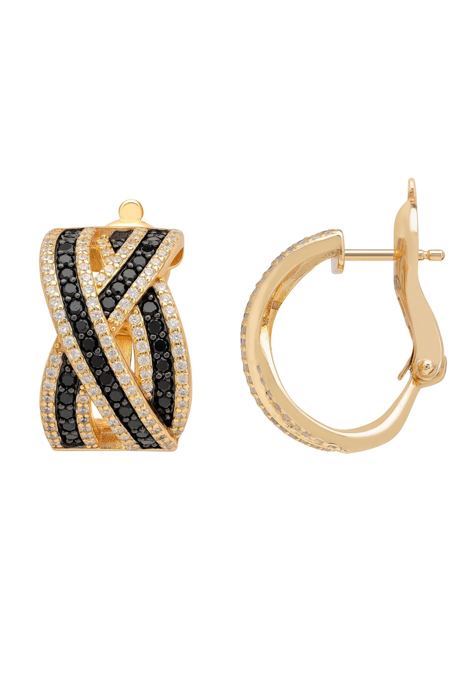 Gold hoop earrings with black gemstones on a white background