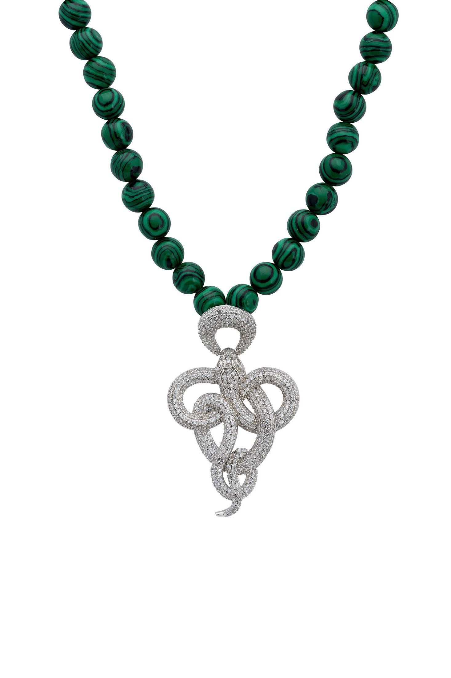 Close-up of the diamond snake green bead necklace.