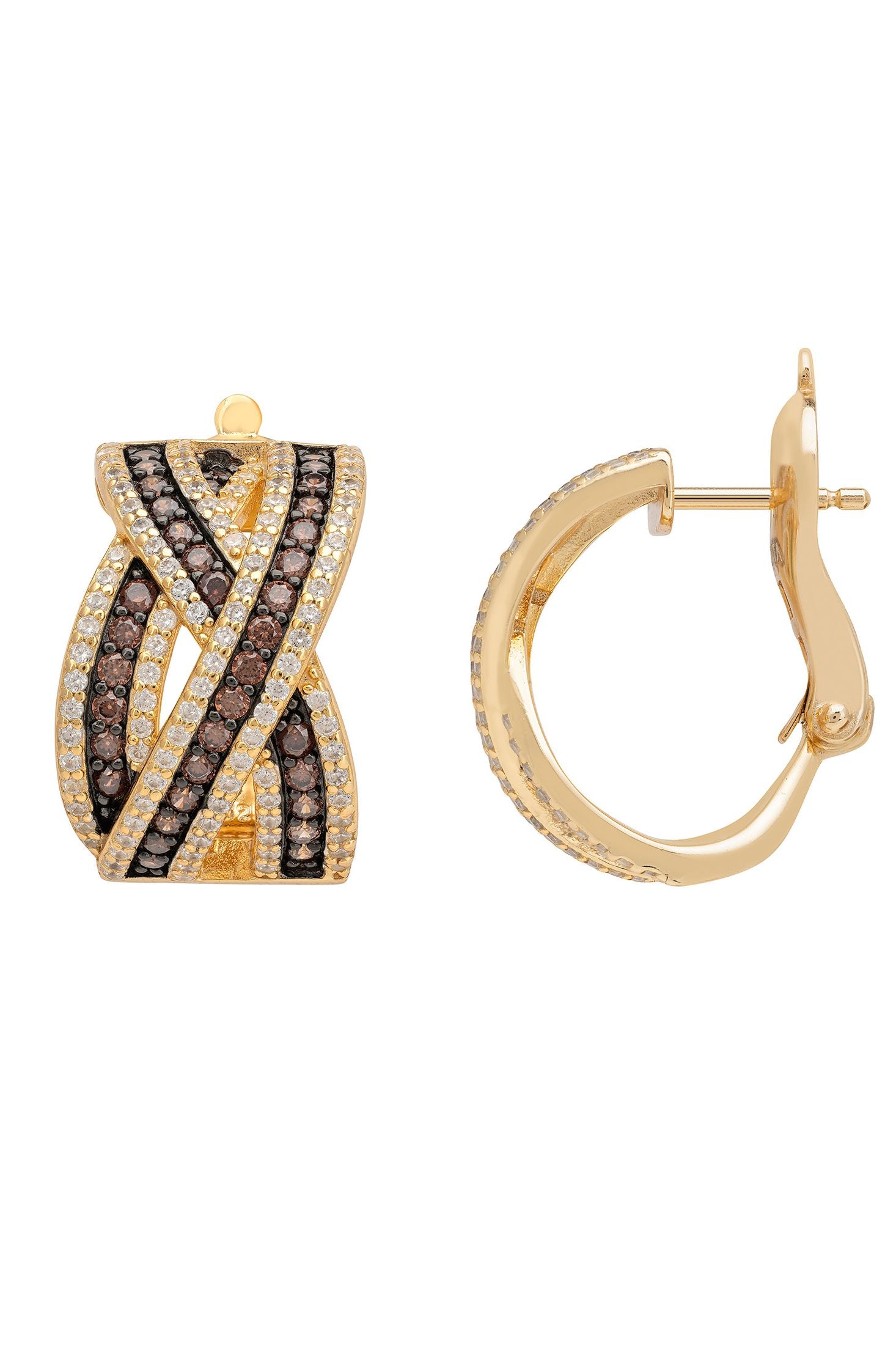 Gold hoop earrings with black and clear gemstones on a white background