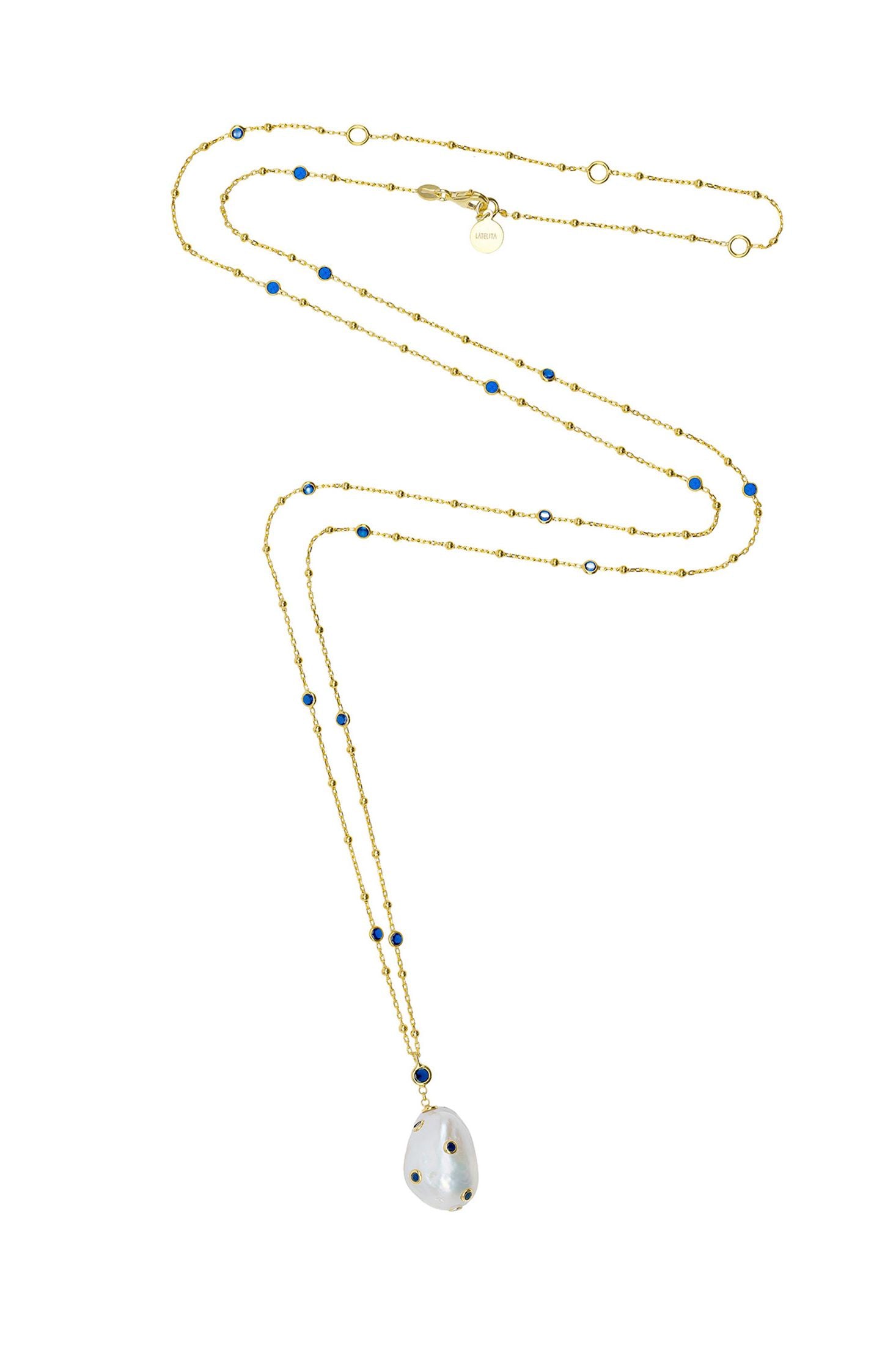 Angled view of Polka Dot Baroque Pearl Long Necklace Gold Sapphire, showing baroque pearl and pearl detailing, gold finish and the jewellery profile.