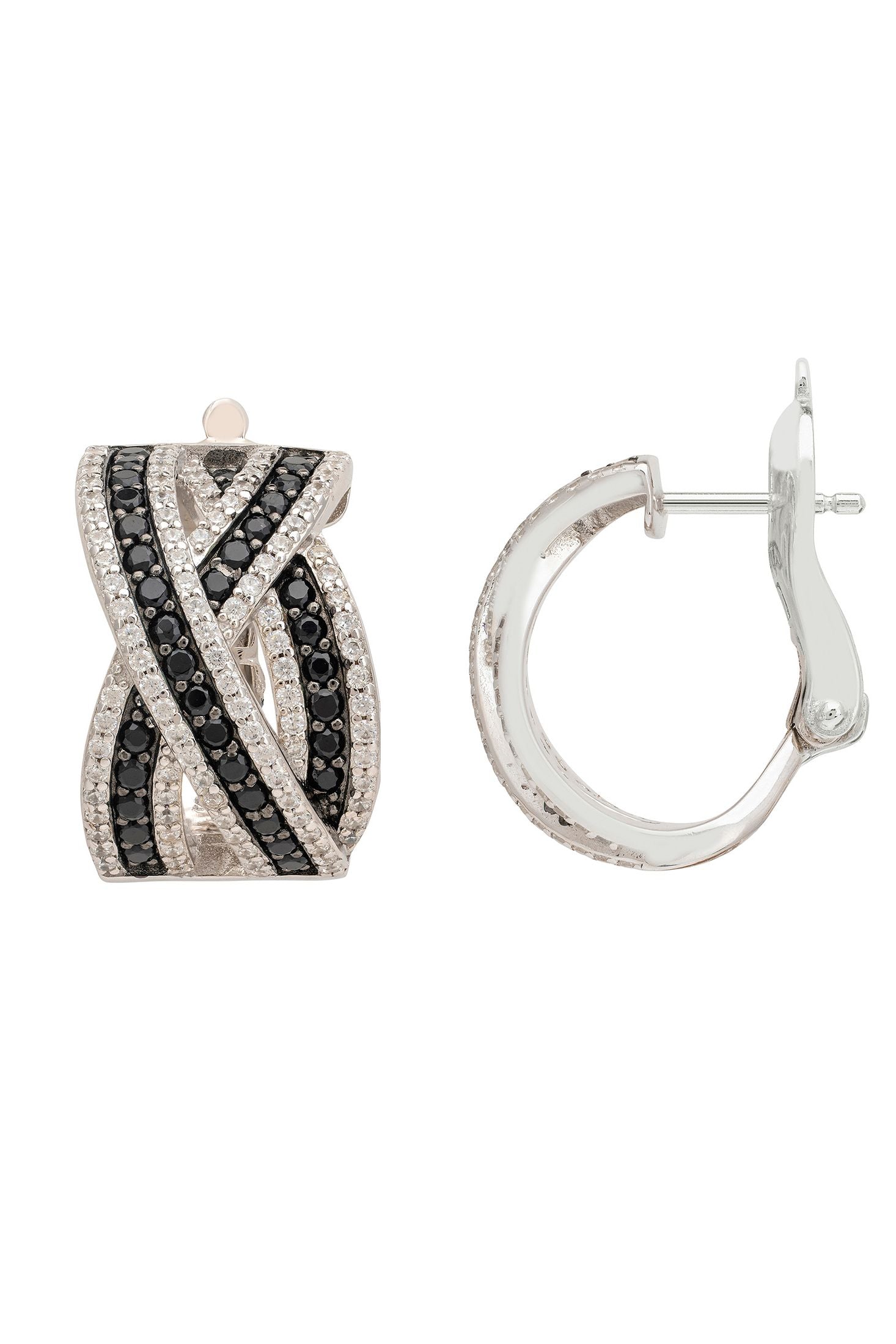 Pair of silver hoop earrings with black and white gemstones on a white background