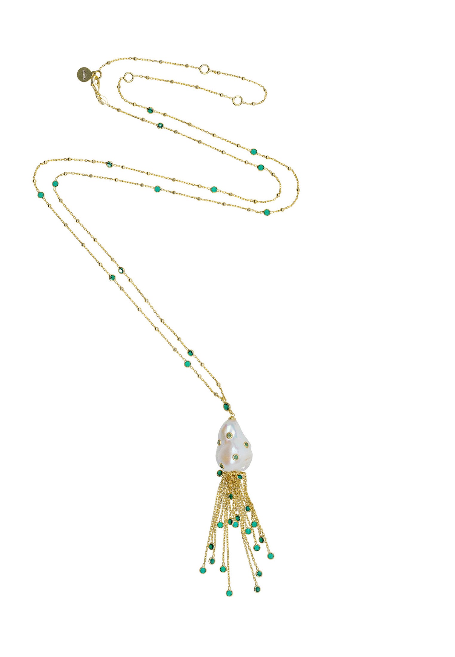 Polka Dot Baroque Pearl Tassel Necklace Gold Emerald