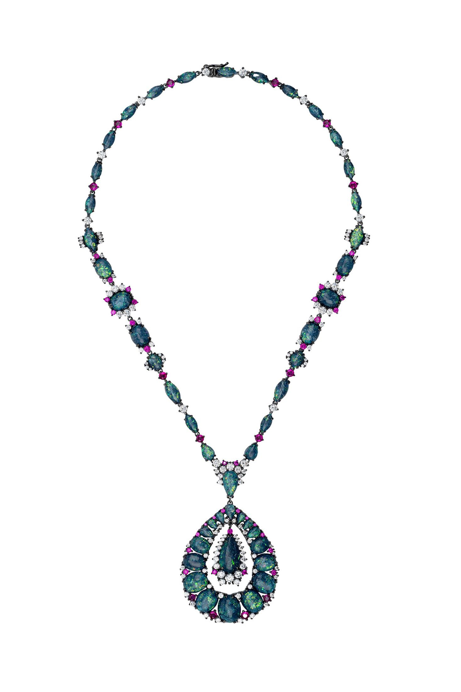 Angled view of Paloma Green Opal Statement Necklace Silver Oxidised, showing silver finish and the jewellery profile.
