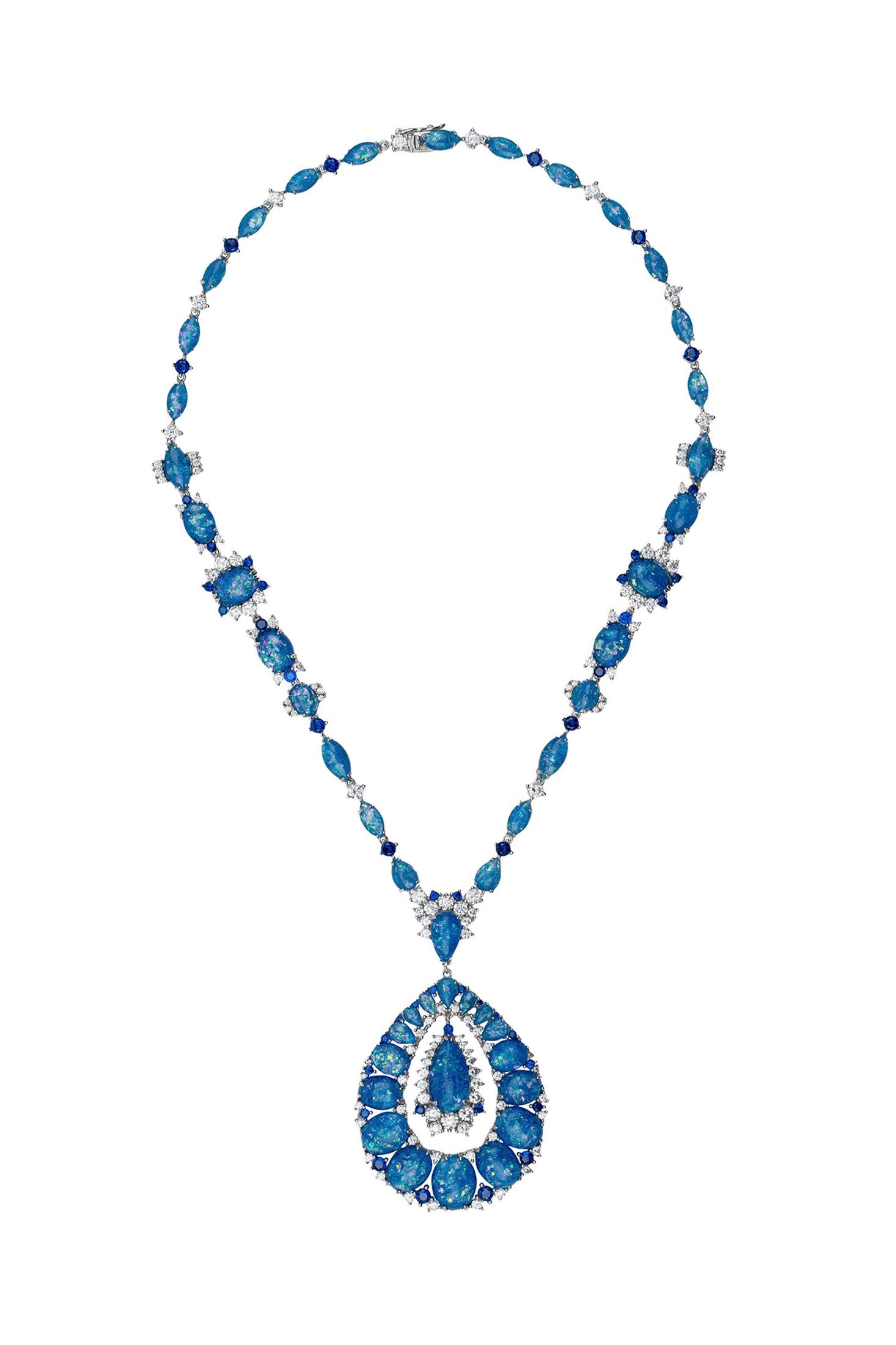 Angled view of Paloma Blue Opal Statement Necklace Silver, showing silver finish and the jewellery profile.