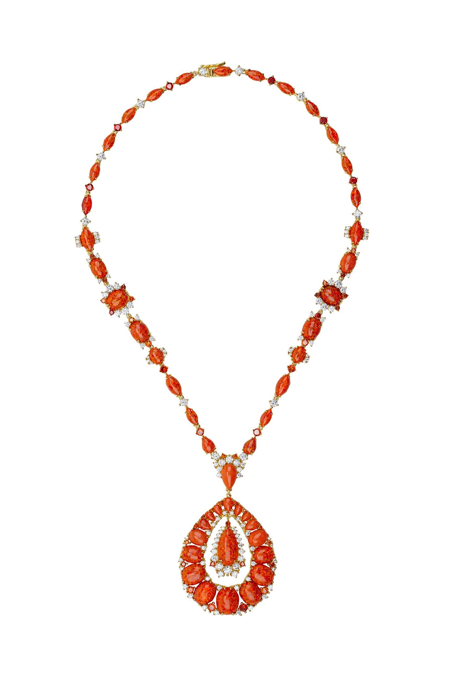 Close-up of Paloma Fire Opal Statement Necklace Gold, highlighting gold finish.