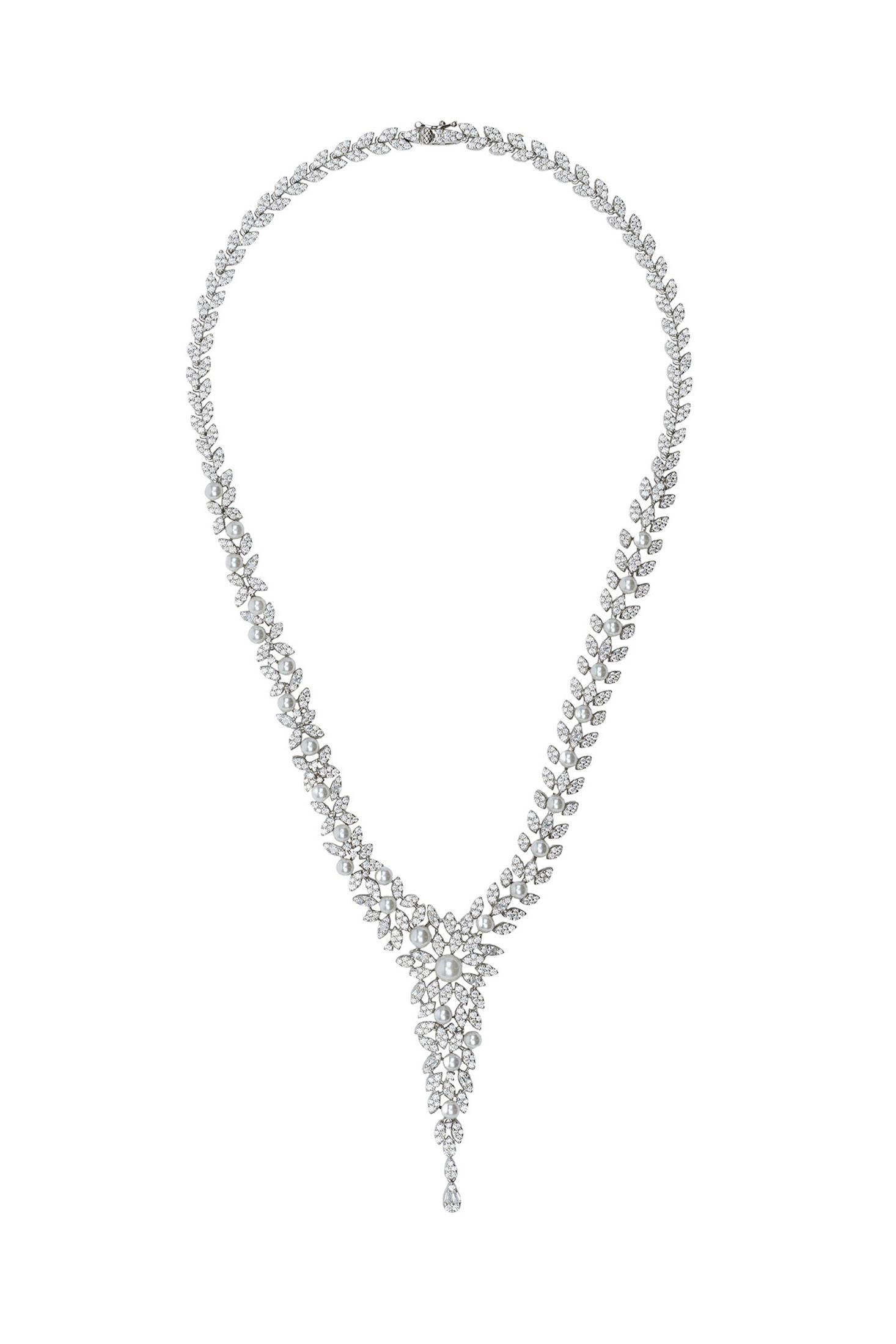Angled view of Marquise Statement Necklace Pearl Silver, showing pearl detailing, silver finish and the jewellery profile.