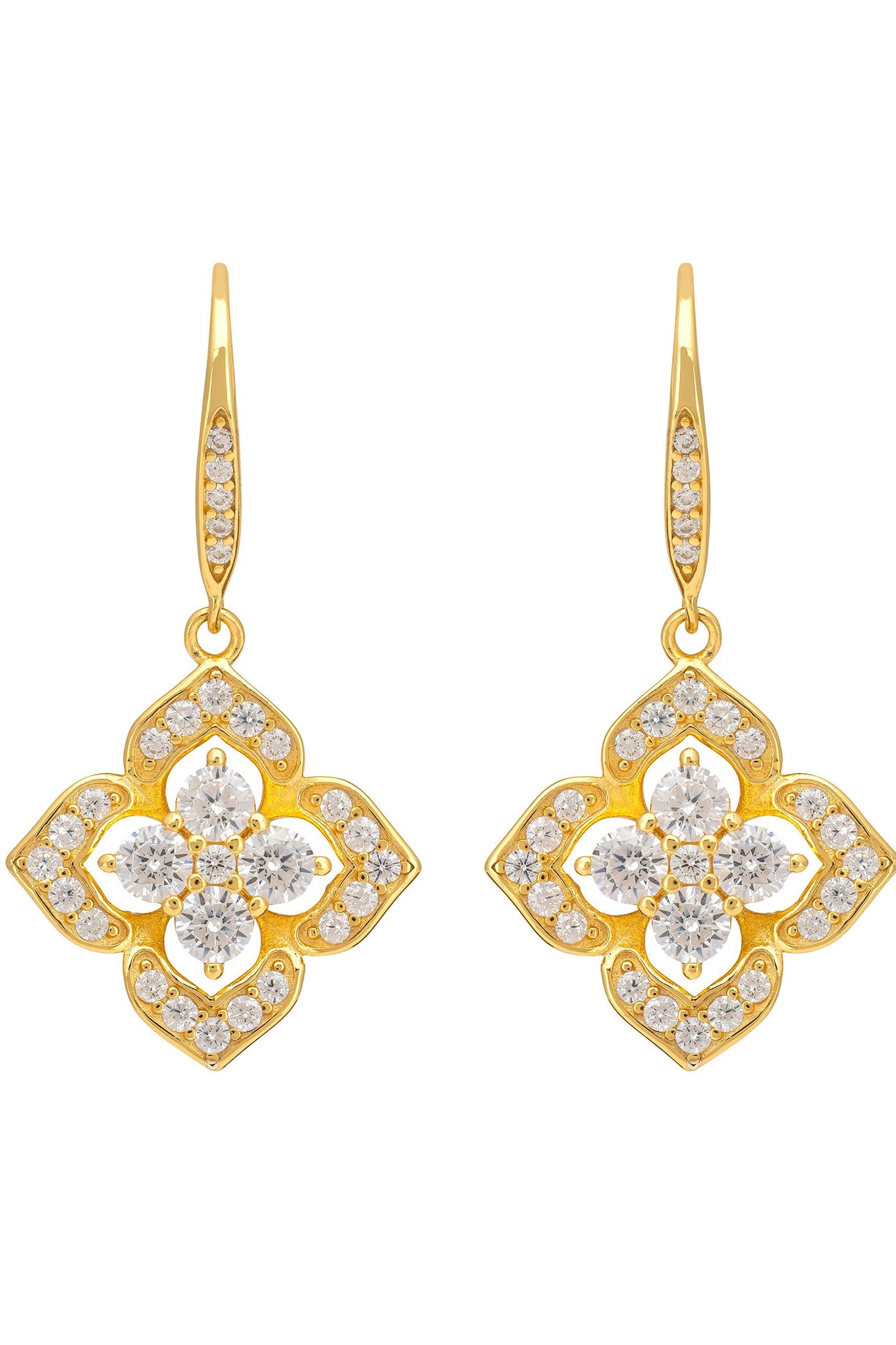 18k gold plated delicate clover drop earrings with cubic zirconia.