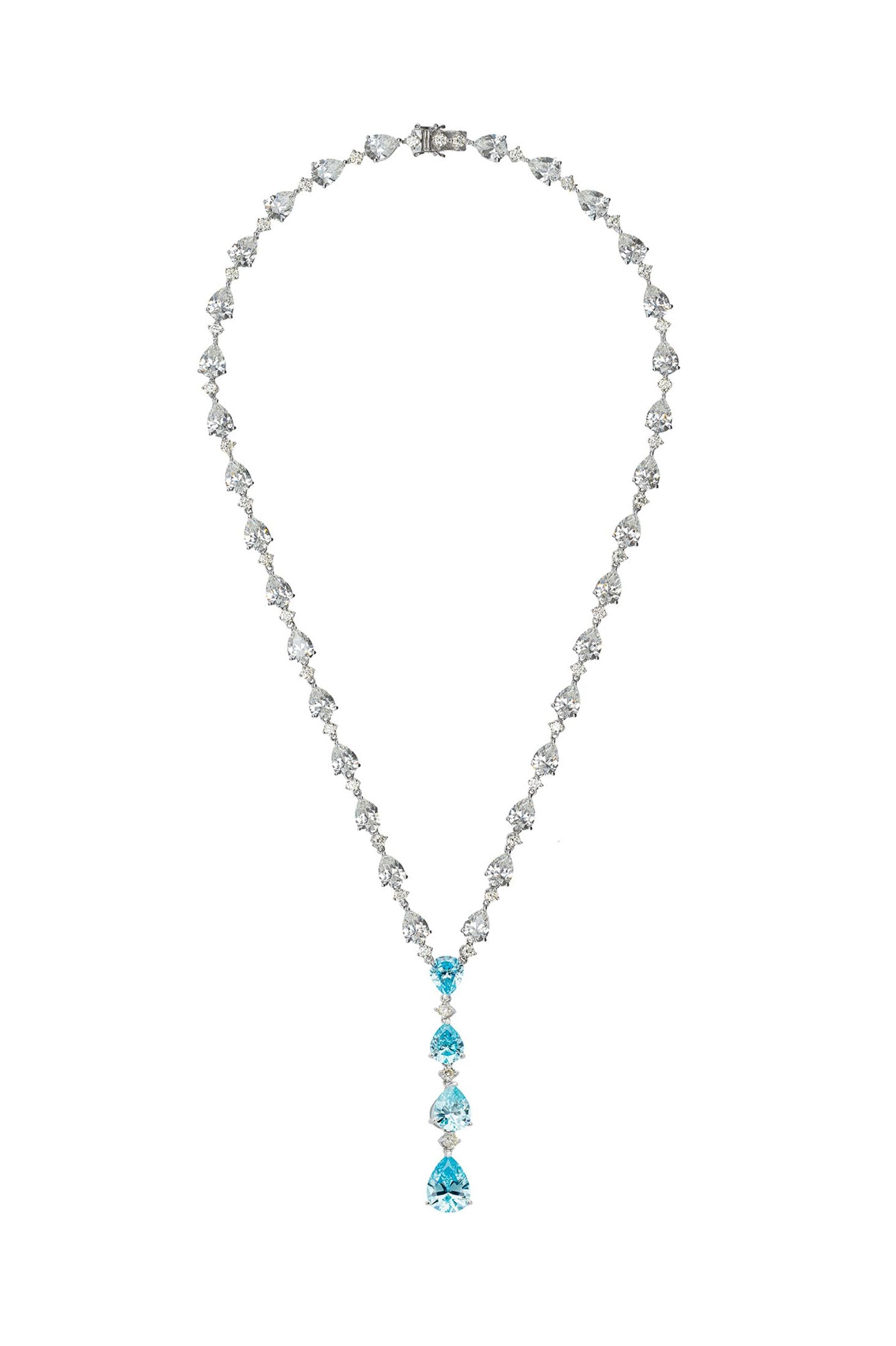Angled view of Elizabeth Statement Necklace Blue Topaz Silver, showing blue topaz detailing, silver finish and the jewellery profile.