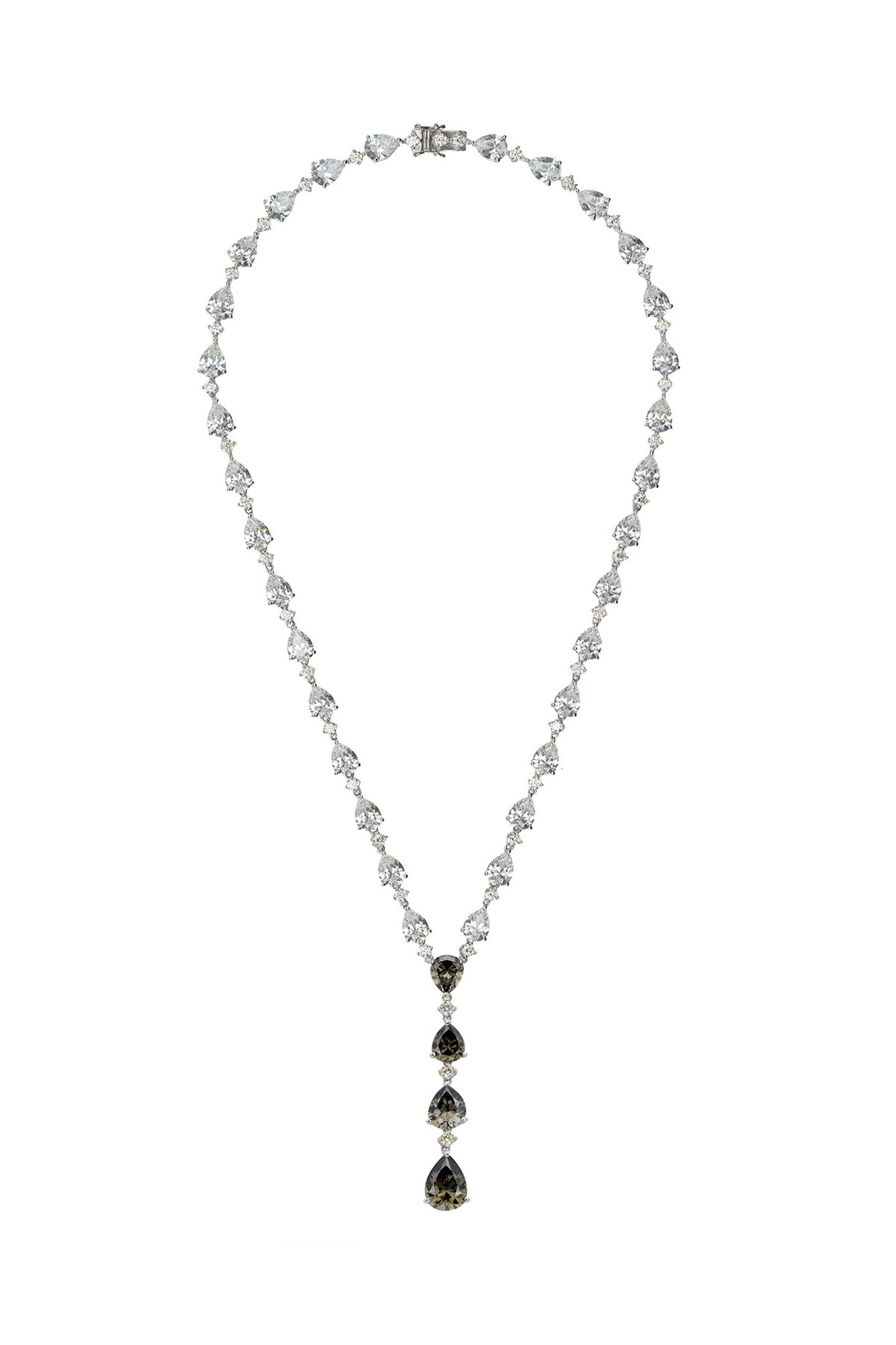 Angled view of Elizabeth Statement Necklace Smokey Quartz Silver, showing smokey quartz detailing, silver finish and the jewellery profile.