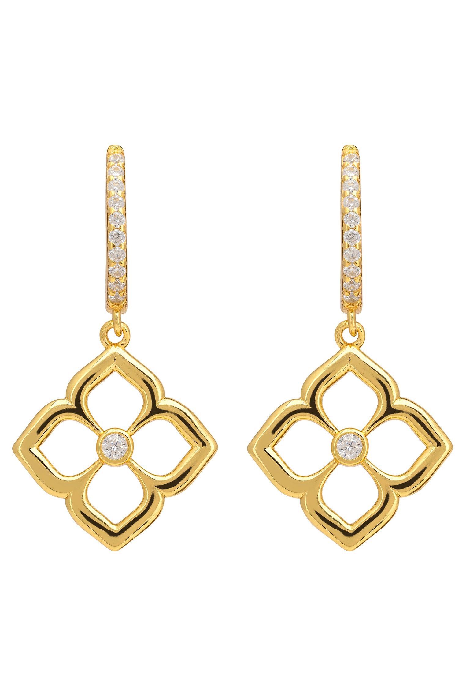 Open Pointed Clover Flower Drop Earrings Gold