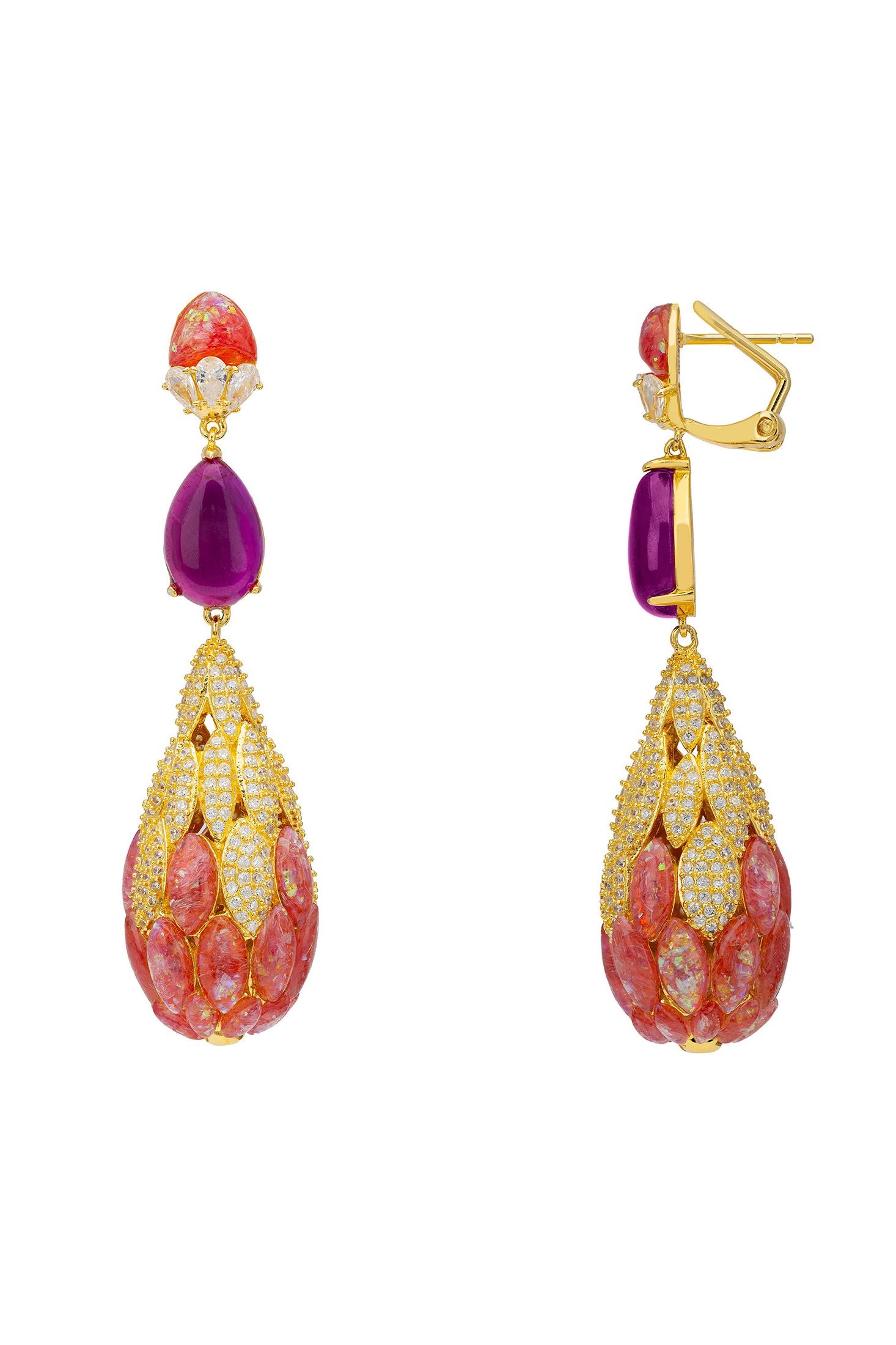 Angled view of Carmen Pink Opal Drop Earrings Gold, showing gold finish and the jewellery profile.