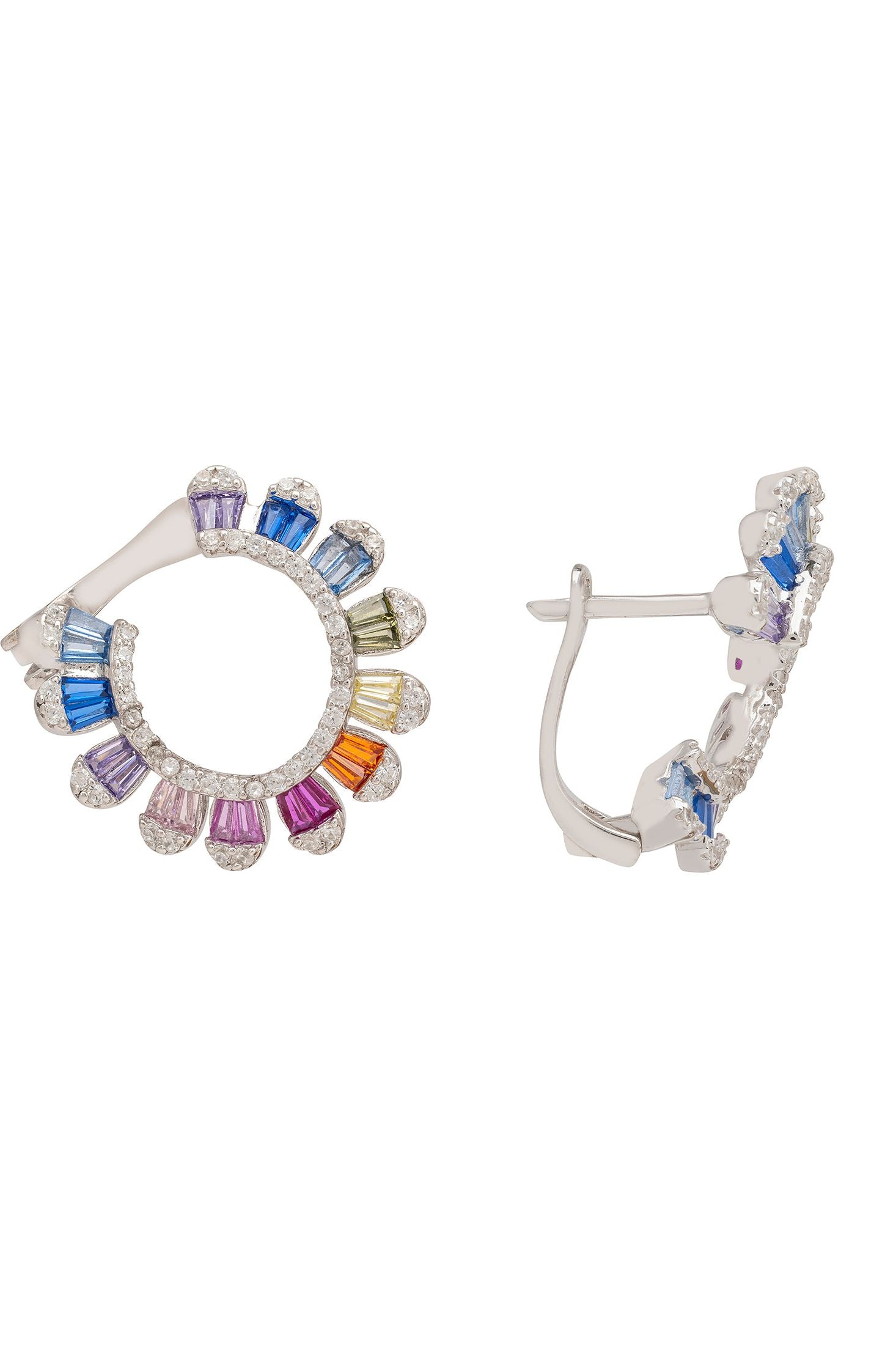 Colorful hoop earrings on a white background