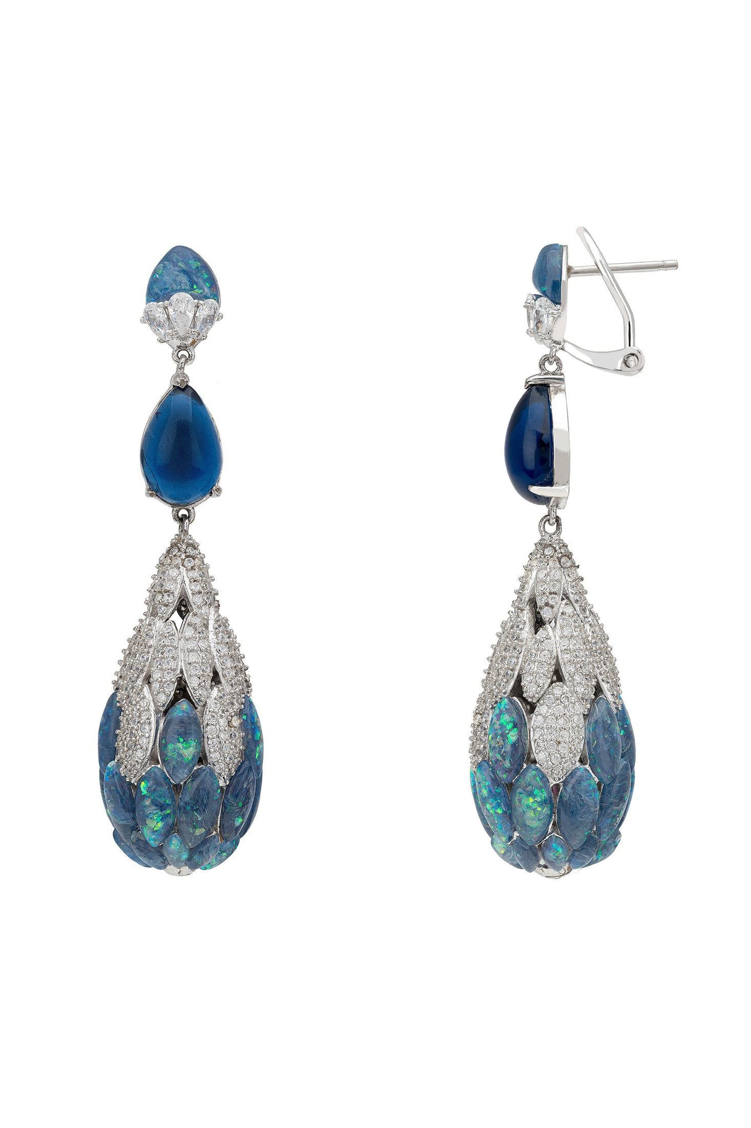 Angled view of Carmen Green Opal Drop Earrings Silver, showing silver finish and the jewellery profile.