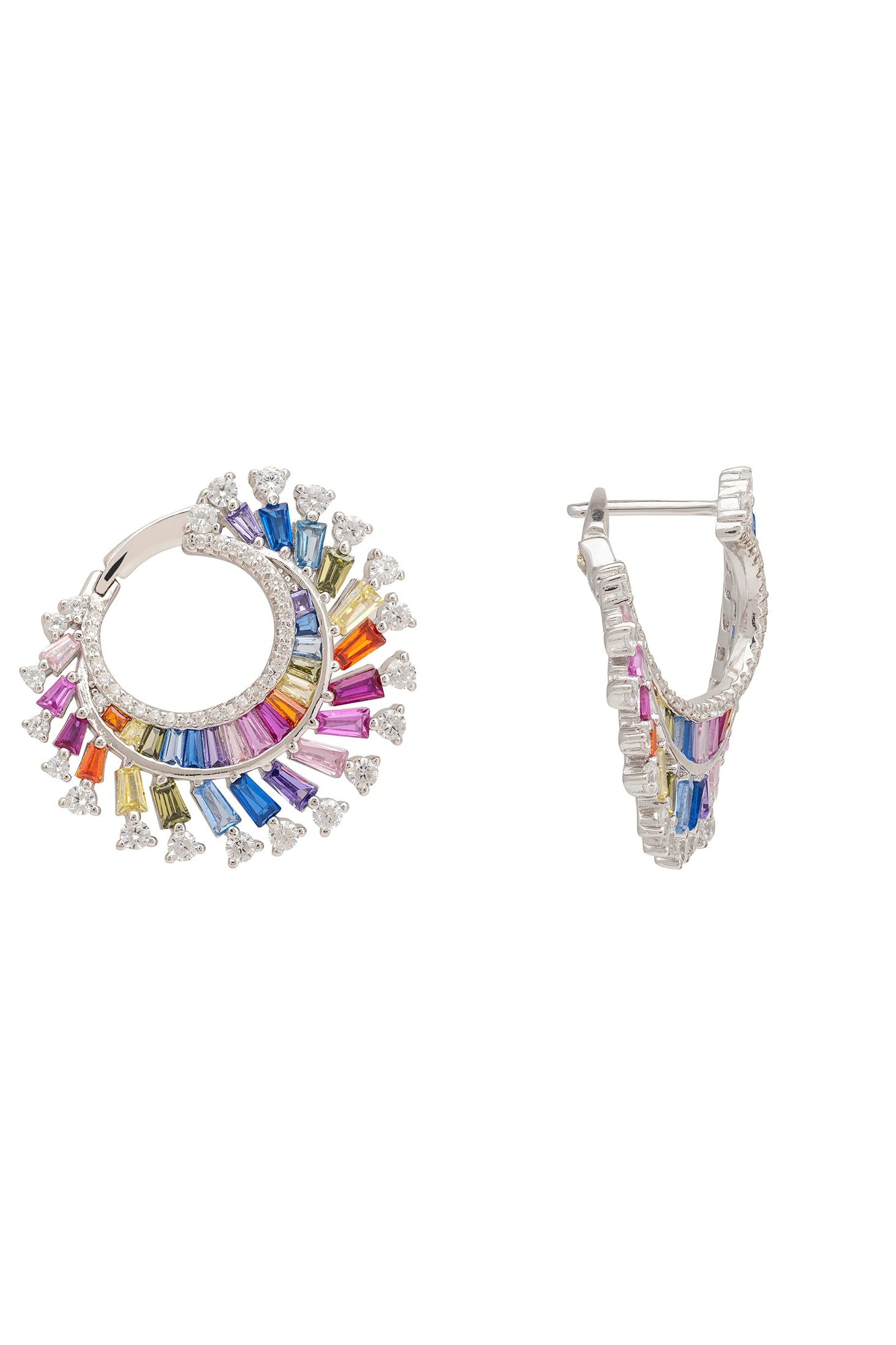 Pair of hoop earrings with colorful gemstones on a white background