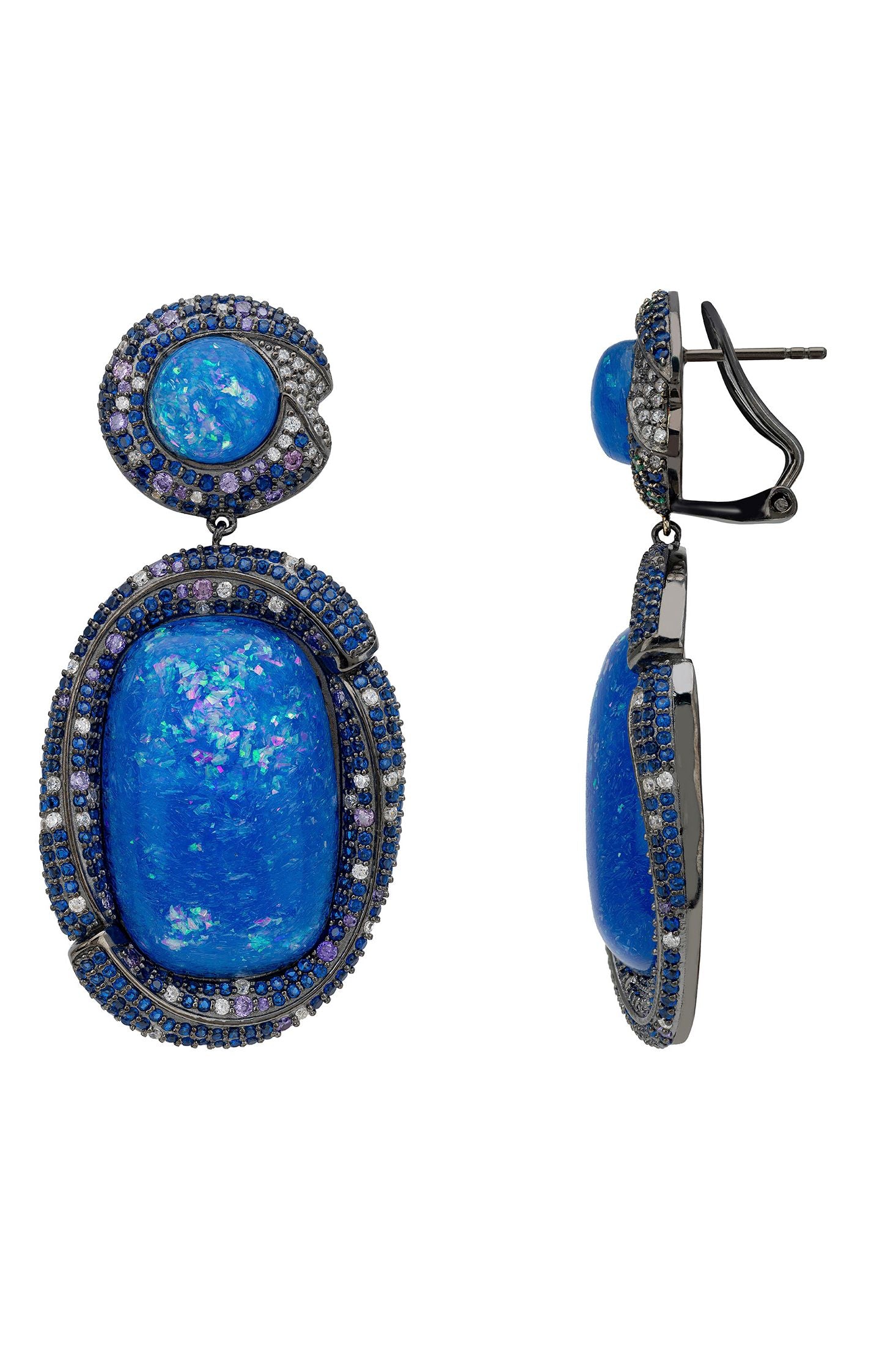 Angled view of Fiorella Blue Opal Drop Earrings Silver Oxidised, showing silver finish and the jewellery profile.