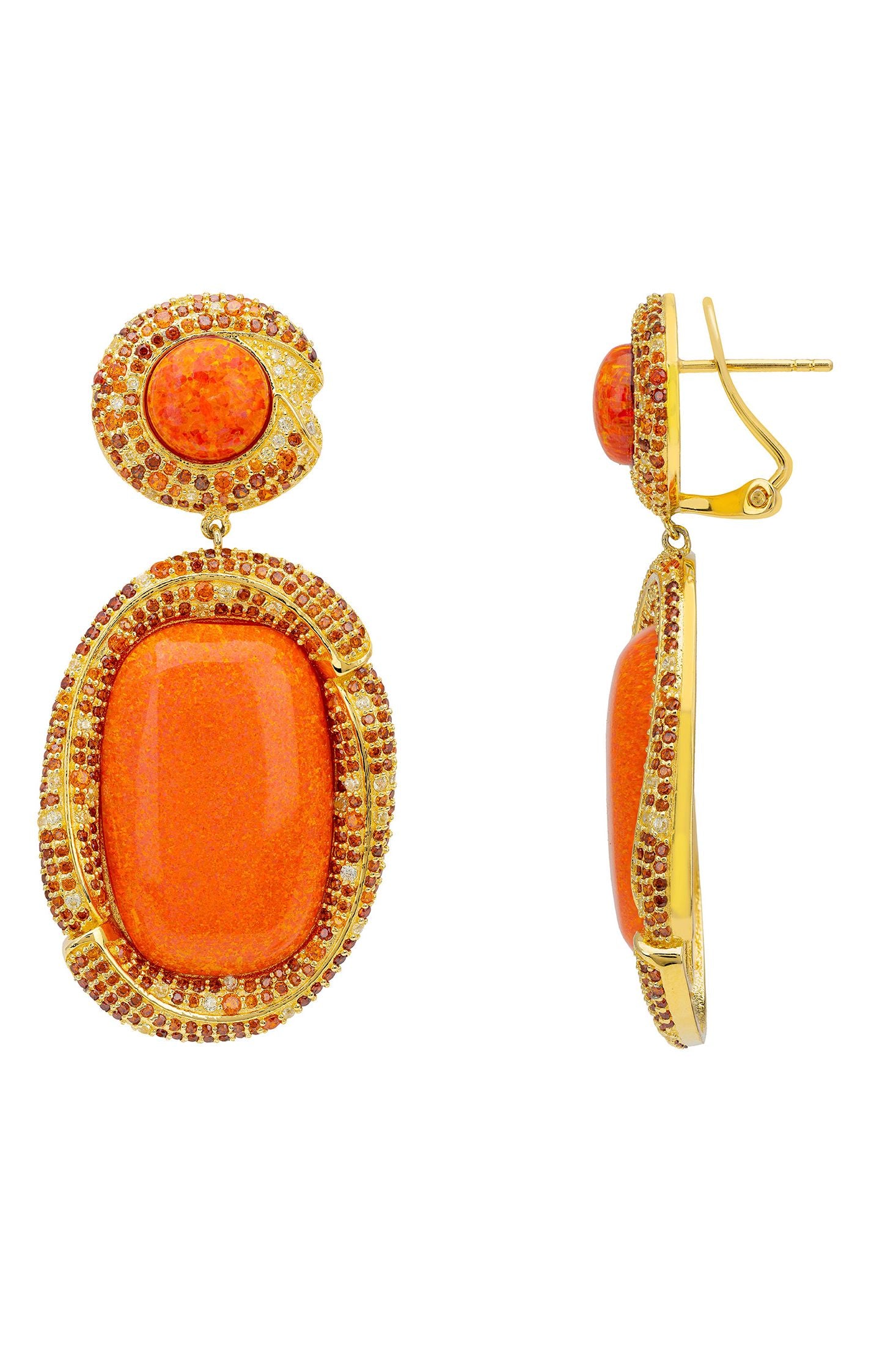 Angled view of Fiorella Fire Opal Drop Earrings Gold, showing gold finish and the jewellery profile.