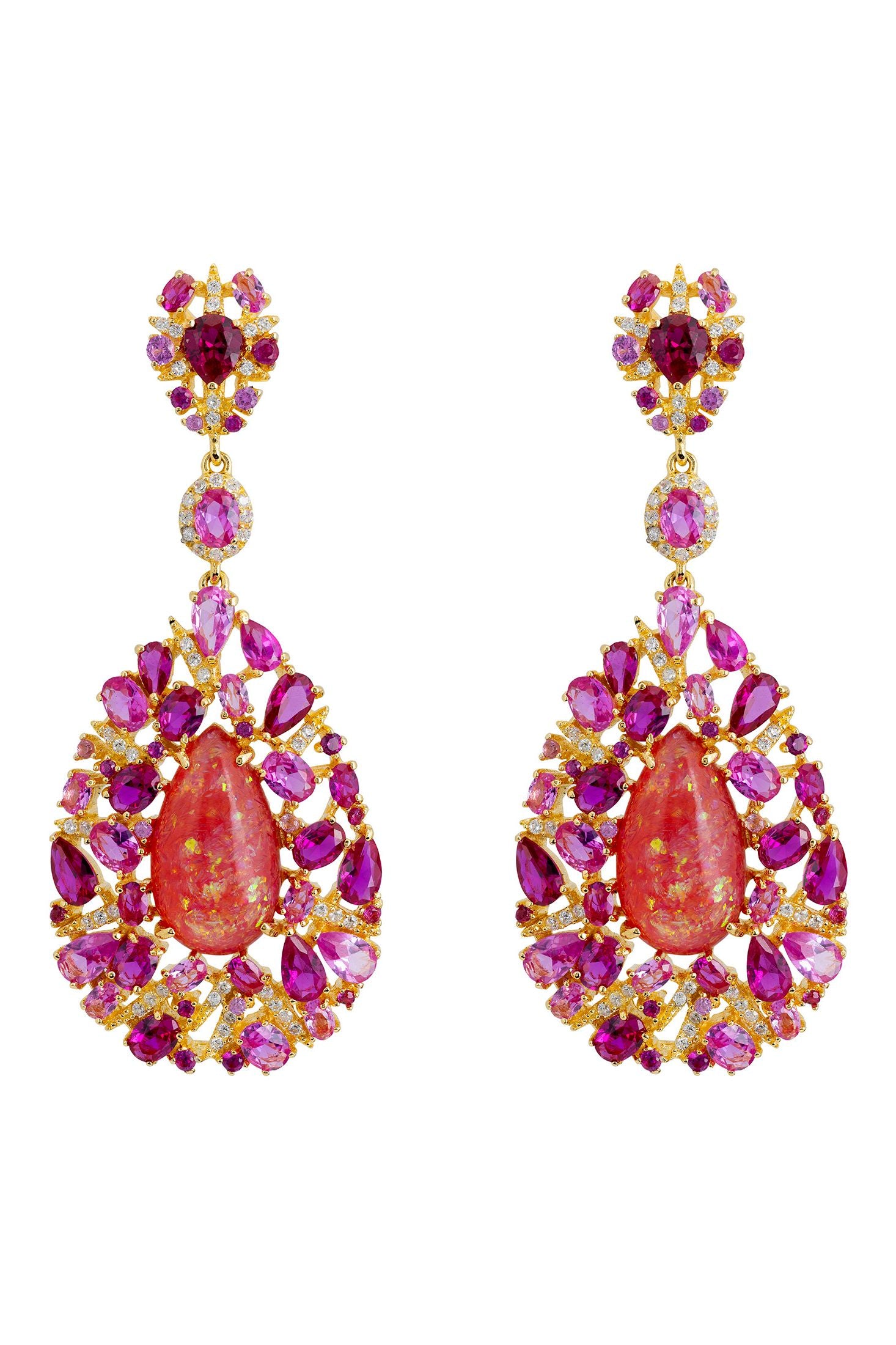 Red opal and pink teardrop statement earrings.