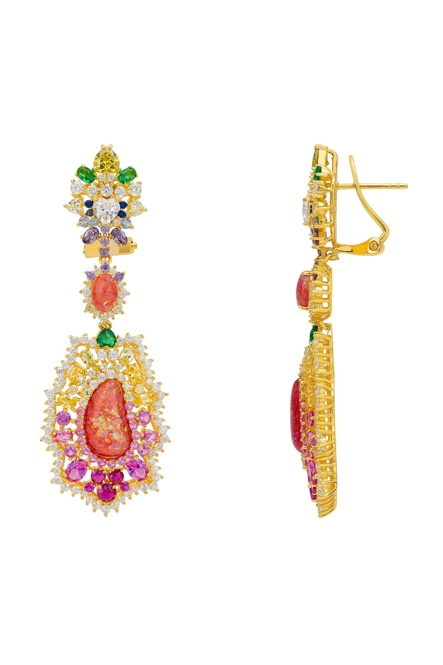Angled view of Frida Pink Opal Rainbow Drop Earrings Gold, showing bow design, gold finish and the jewellery profile.
