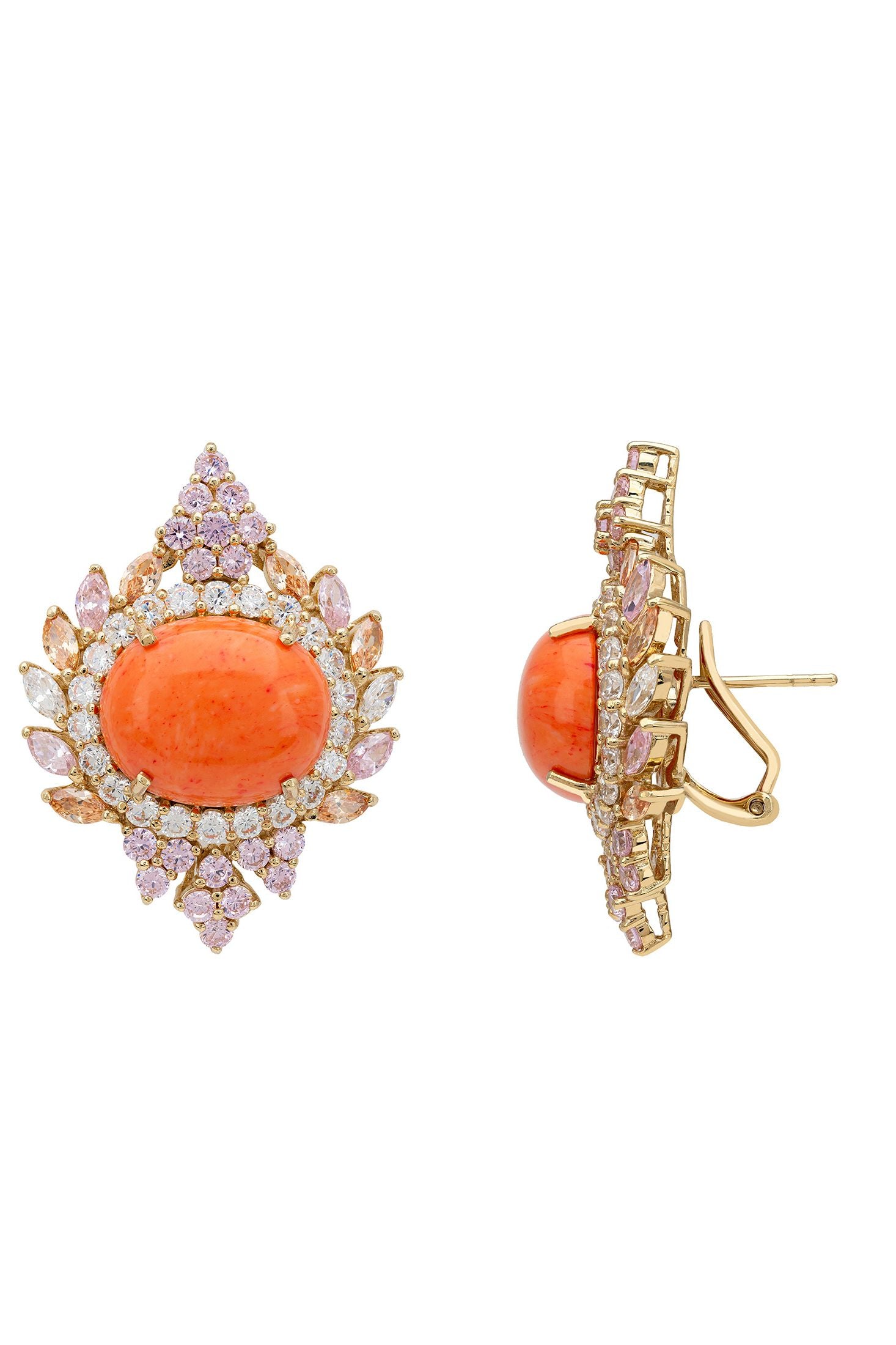 Angled view of Francesca Pink Coral Stud Earrings Gold, showing gold finish and the jewellery profile.