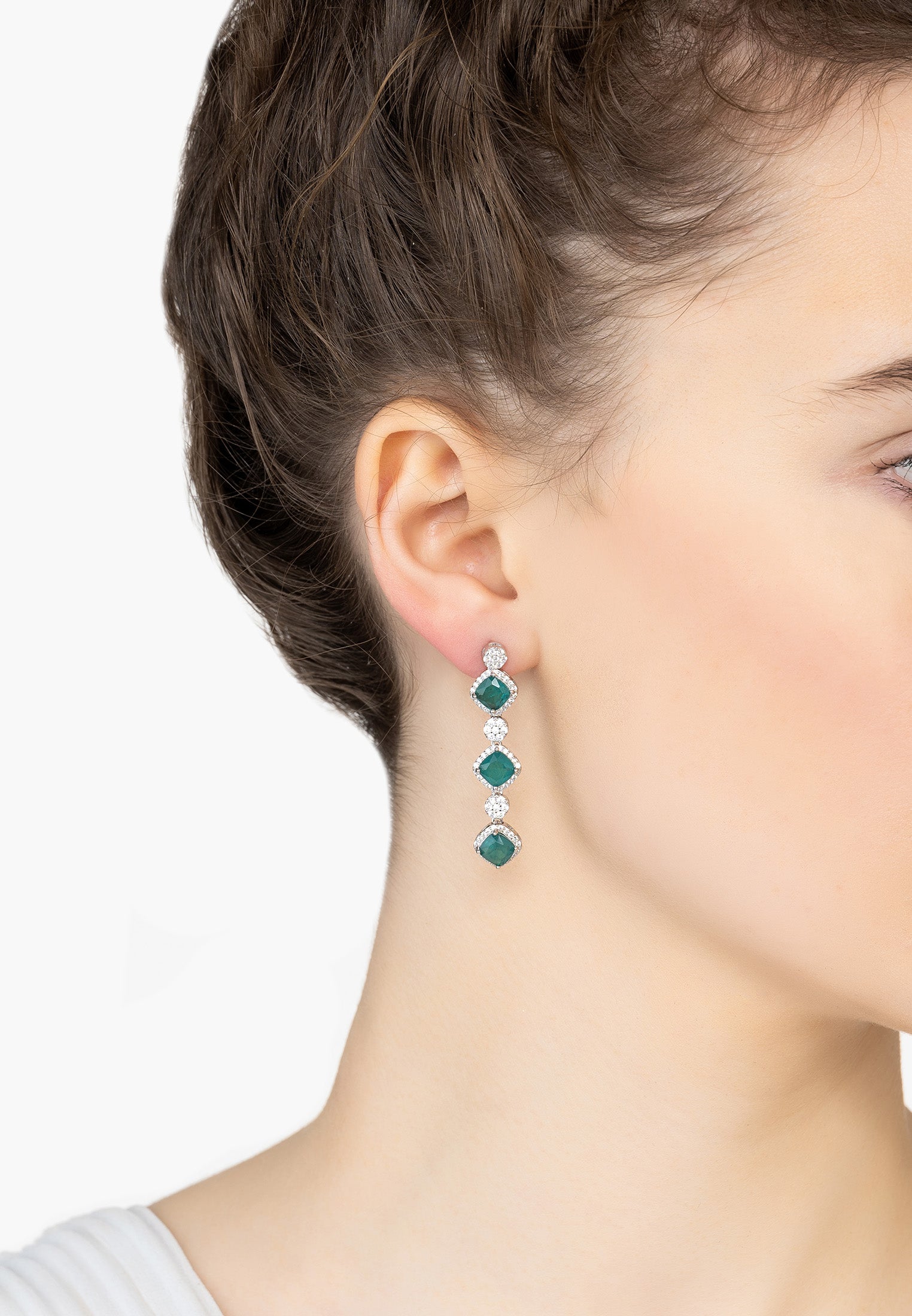 Elena Drop Earrings Emerald Silver