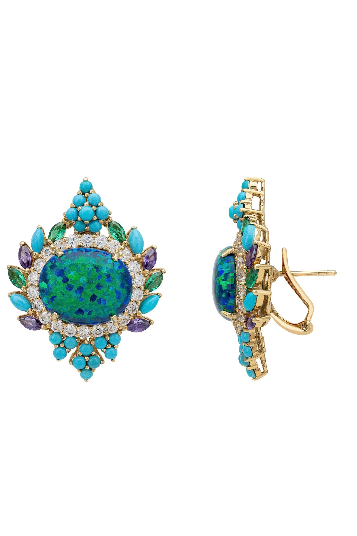 Close-up of Francesca Blue Opal Stud Earrings Gold, highlighting gold finish.