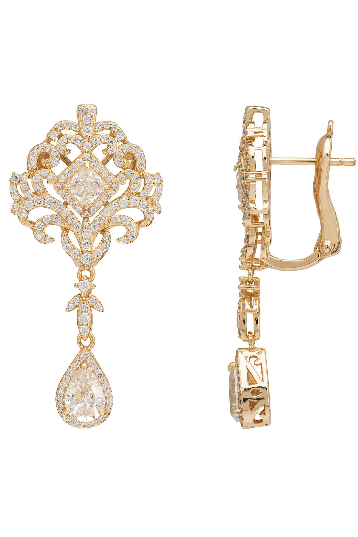 Gold earrings with intricate designs on a white background