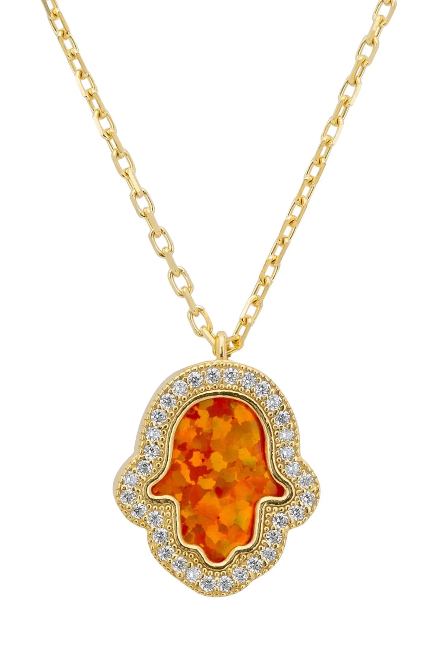 Close-up of the orange opal hamsa hand.