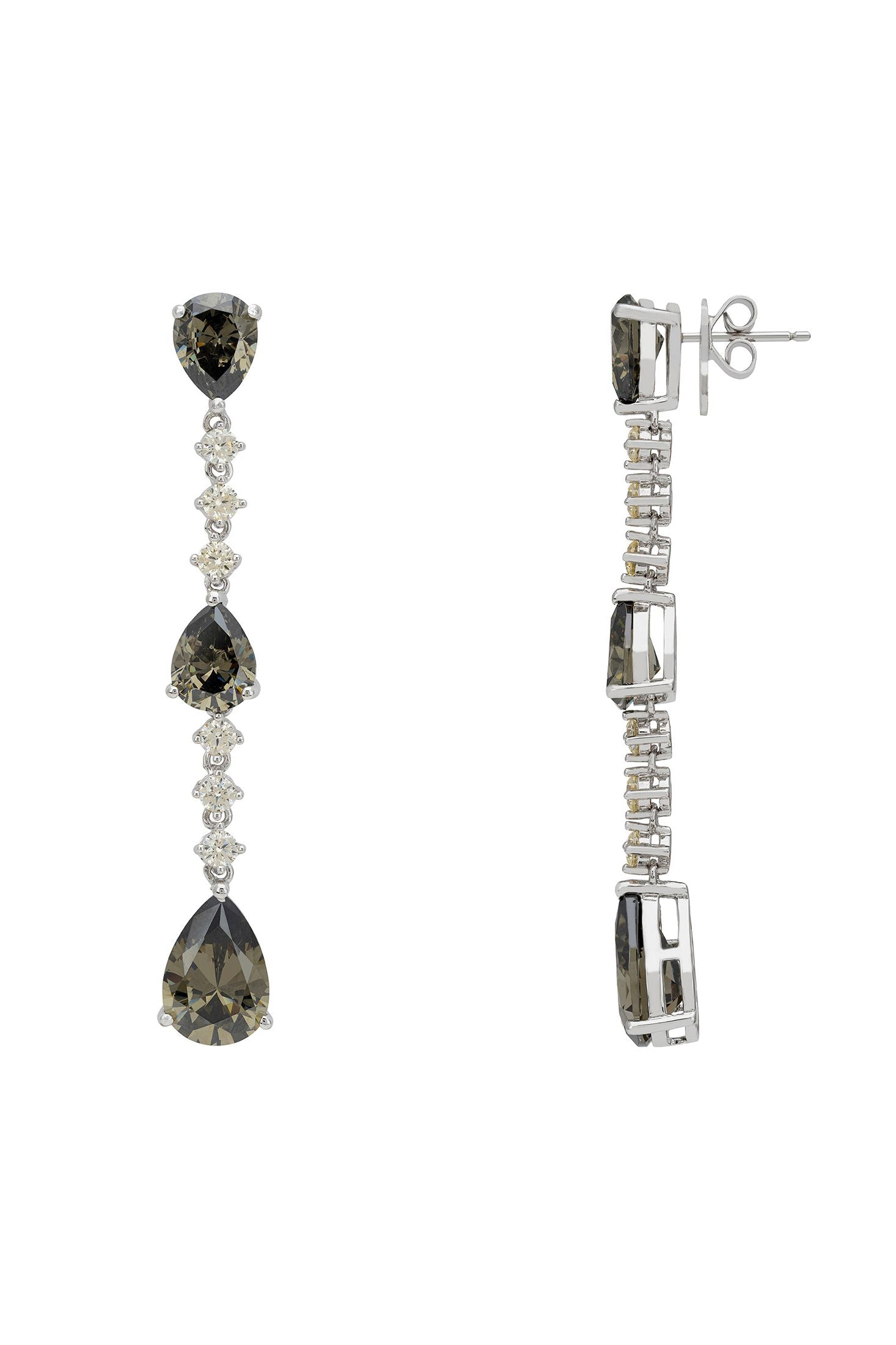 Angled view of Elizabeth Drop Earrings Smokey Quartz Silver, showing smokey quartz detailing, silver finish and the jewellery profile.
