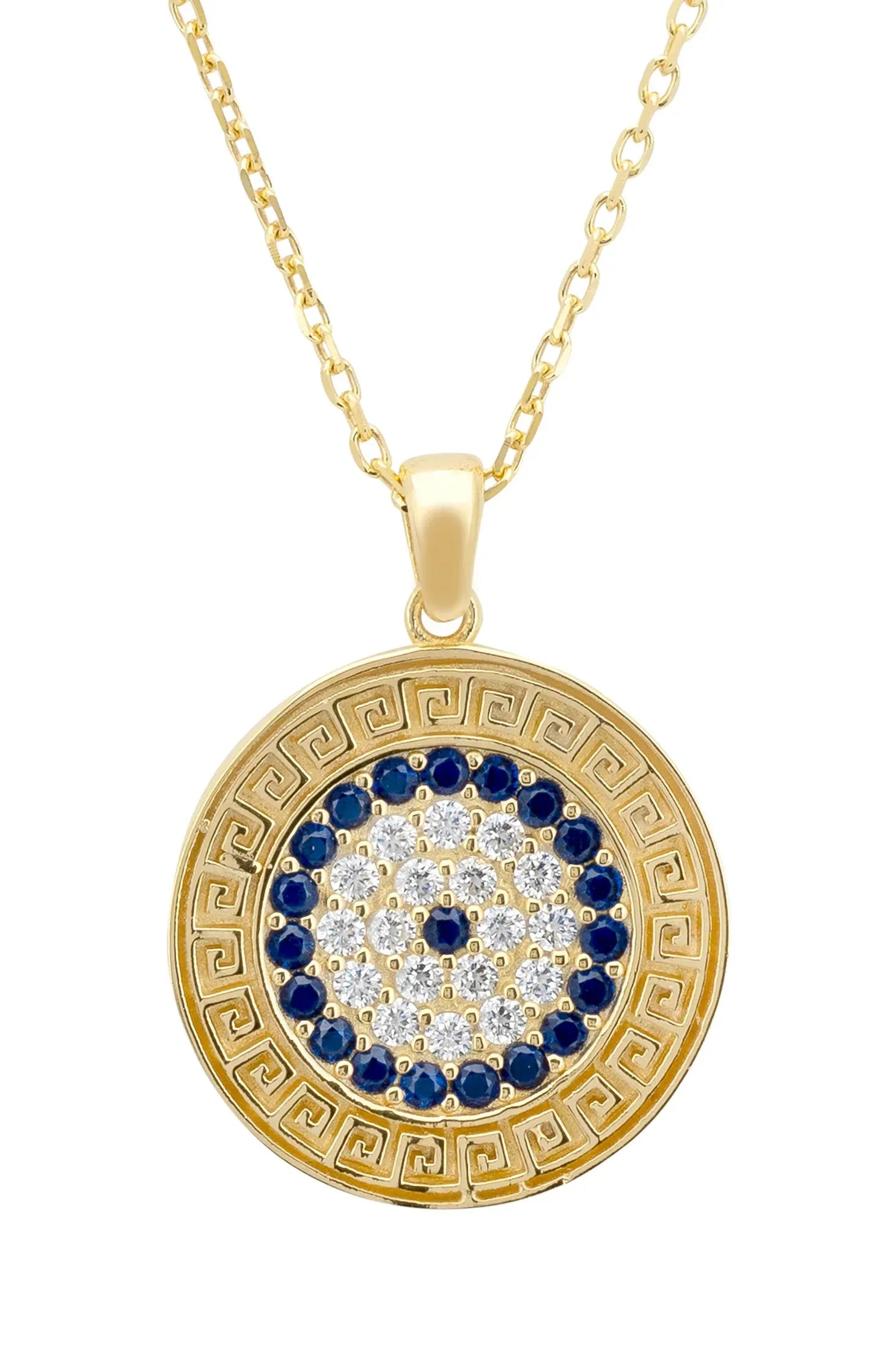 Close-up of the Greek motif framed gemstone evil eye pendant.