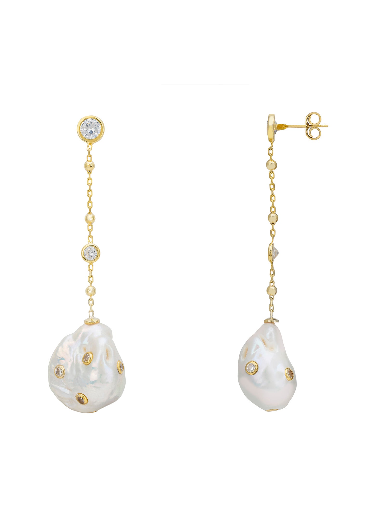 Polka Dot Baroque Pearl Chain Drop Earrings Gold Cz