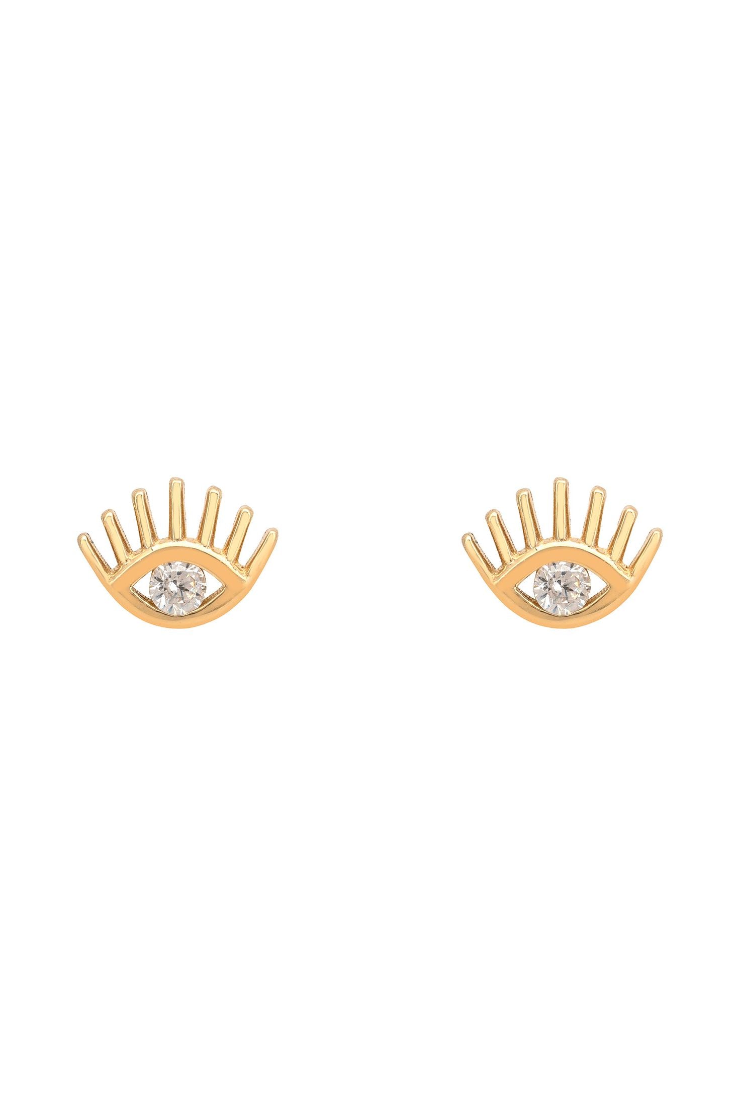 Gold eye-shaped earrings with clear gemstones on a white background