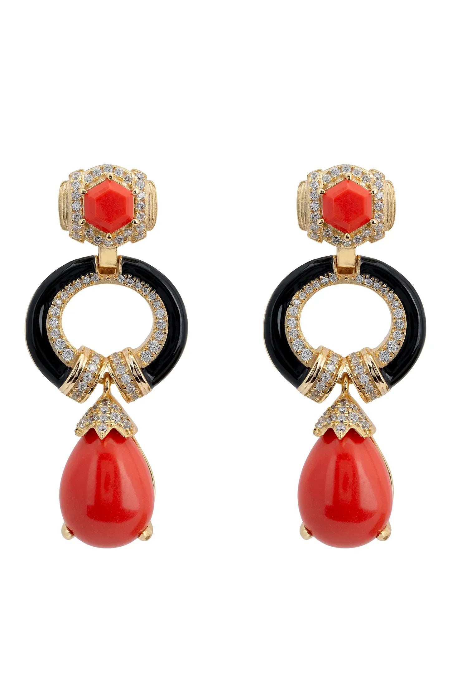 Red, black and gold art deco drop earrings.