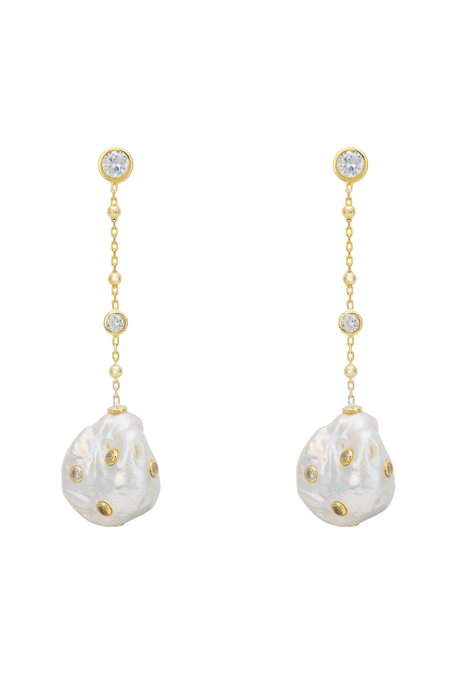 Polka Dot Baroque Pearl Chain Drop Earrings Gold Cz